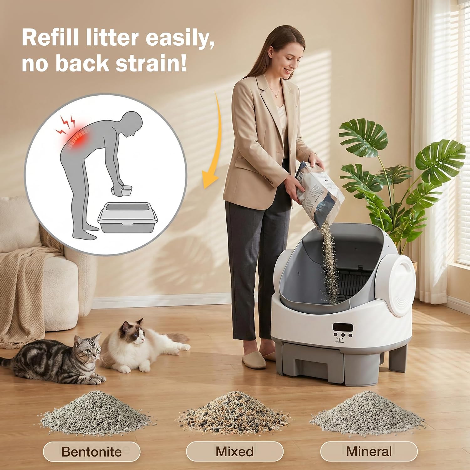 WARCAT Self-Cleaning Cat Litter Box, Open-Top Automatic Litter Box with Child Lock, 10L Large Capacity Waste Drawer, No APP Required, Includes Garbage Bags & Cleaning Mat (Gray) - Image 6