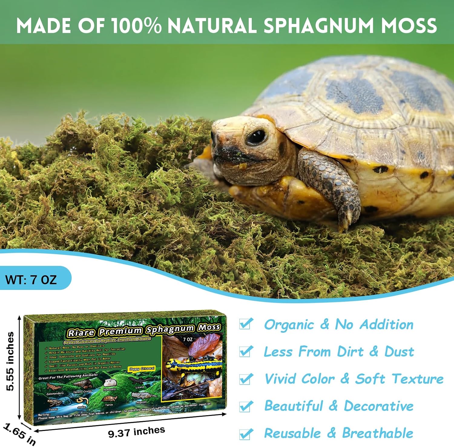 Riare 7 OZ Natural Sphagnum Moss for Reptiles, Terrarium Substrate Bedding | 6QT High Expansion, Moisture Retention, Helps Shedding, Long Fibered Dried Moss for Leopard Gecko, Snake, Frog, Turtle - Image 2