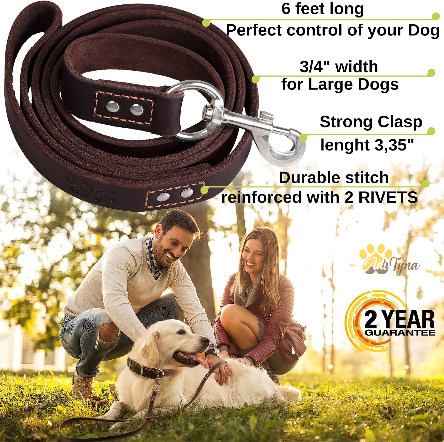 ADITYNA Leather Dog Leash 6 ft x 3/4 inch - Soft, Strong, Heavy Duty for Large & Medium Breeds - Dog Lead for Walking, Training, Hiking and Running (Brown) - Image 2