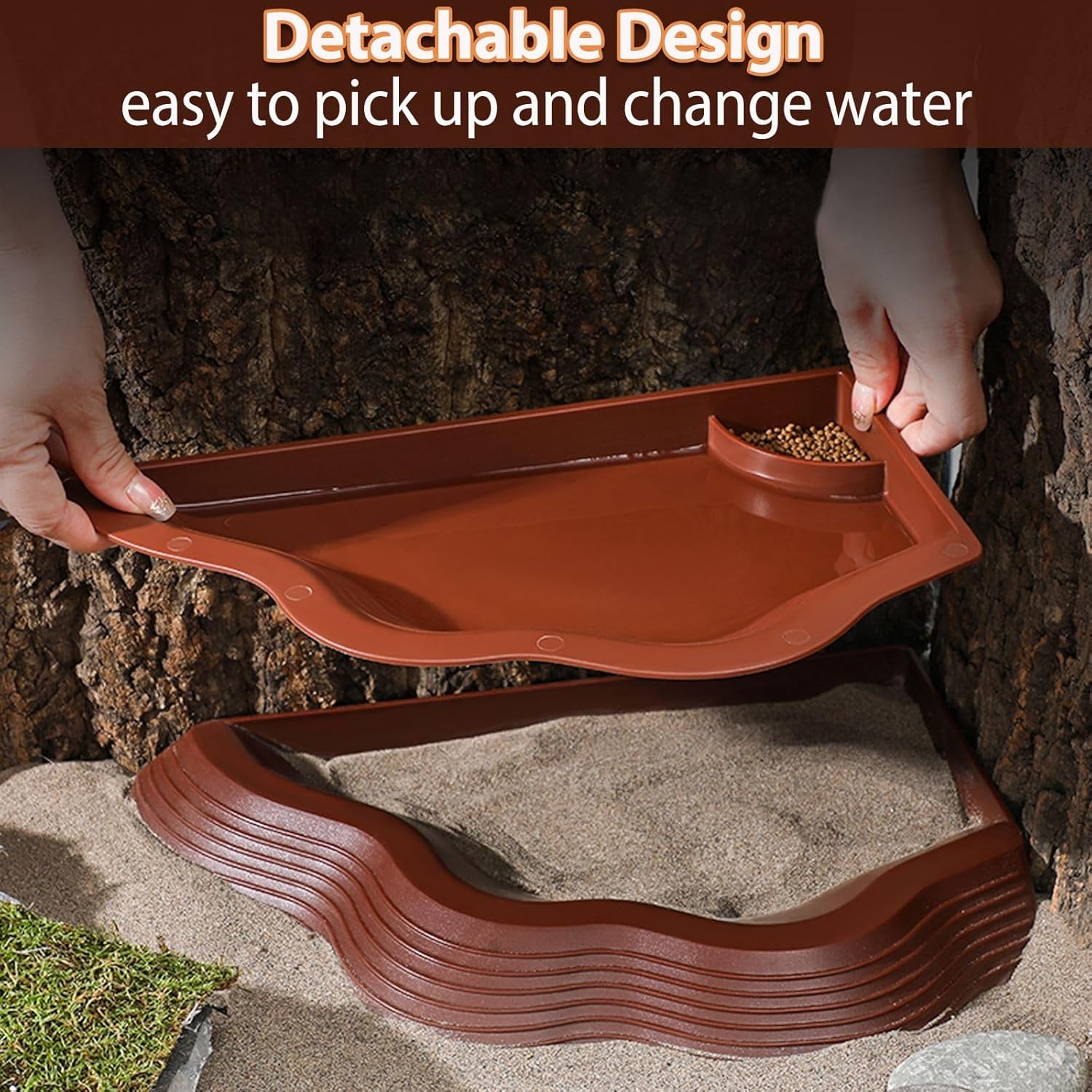 Tortoise Water Bowl with Ramp, 3PCS Leaf Reptile Food Water Bowl Turtle Pool Reptile Water Dish Tortoise Bathing Pool Turtle Soaking Dish Aquarium Habitat Accessories Small - Image 3