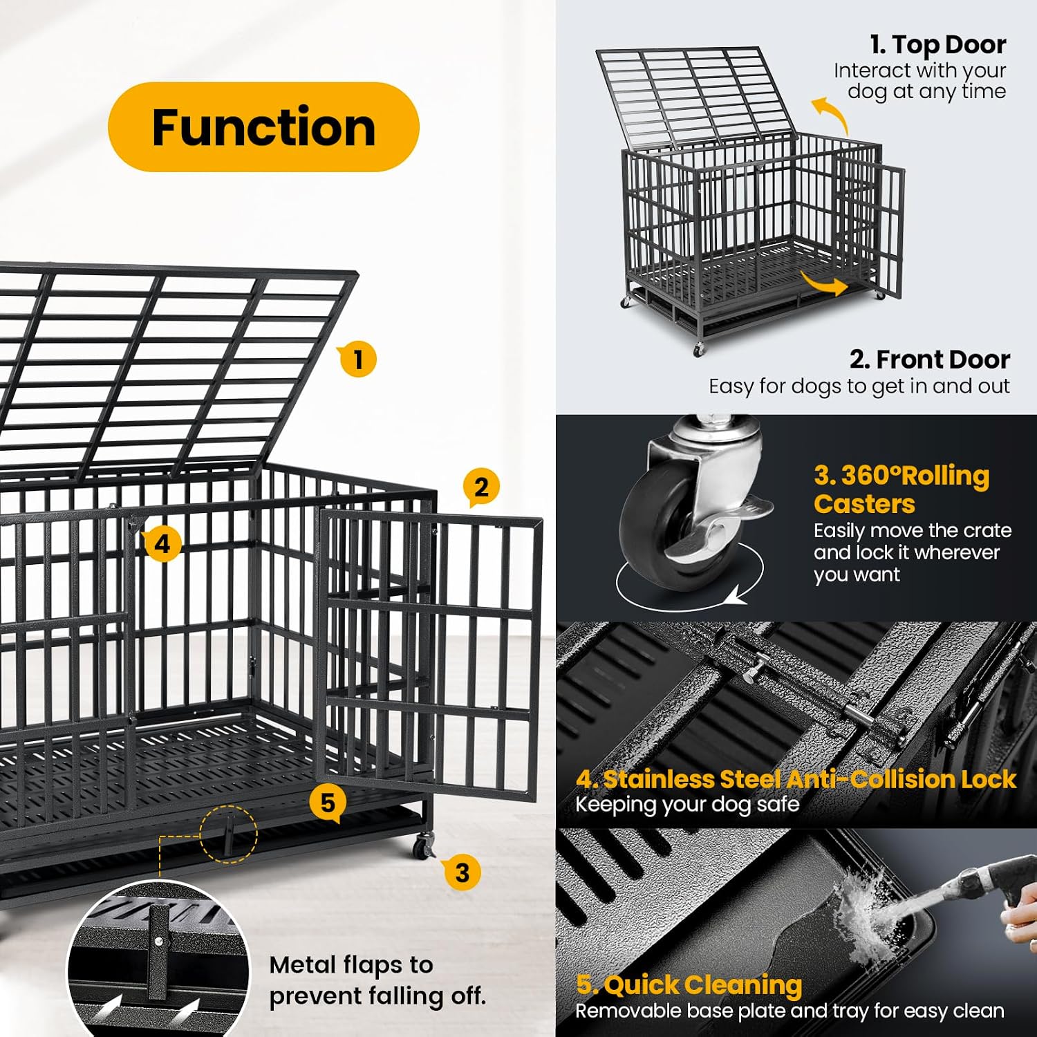 Oranland 48 inch Heavy Duty Indestructible Dog Crate,New Upgraded Escape Proof Reinforced Baseplate for Large Dogs,XL Dog Crate for High Anxiety Dogs/Max Load Capacity 300lbs/Double Door with Wheels - Image 4