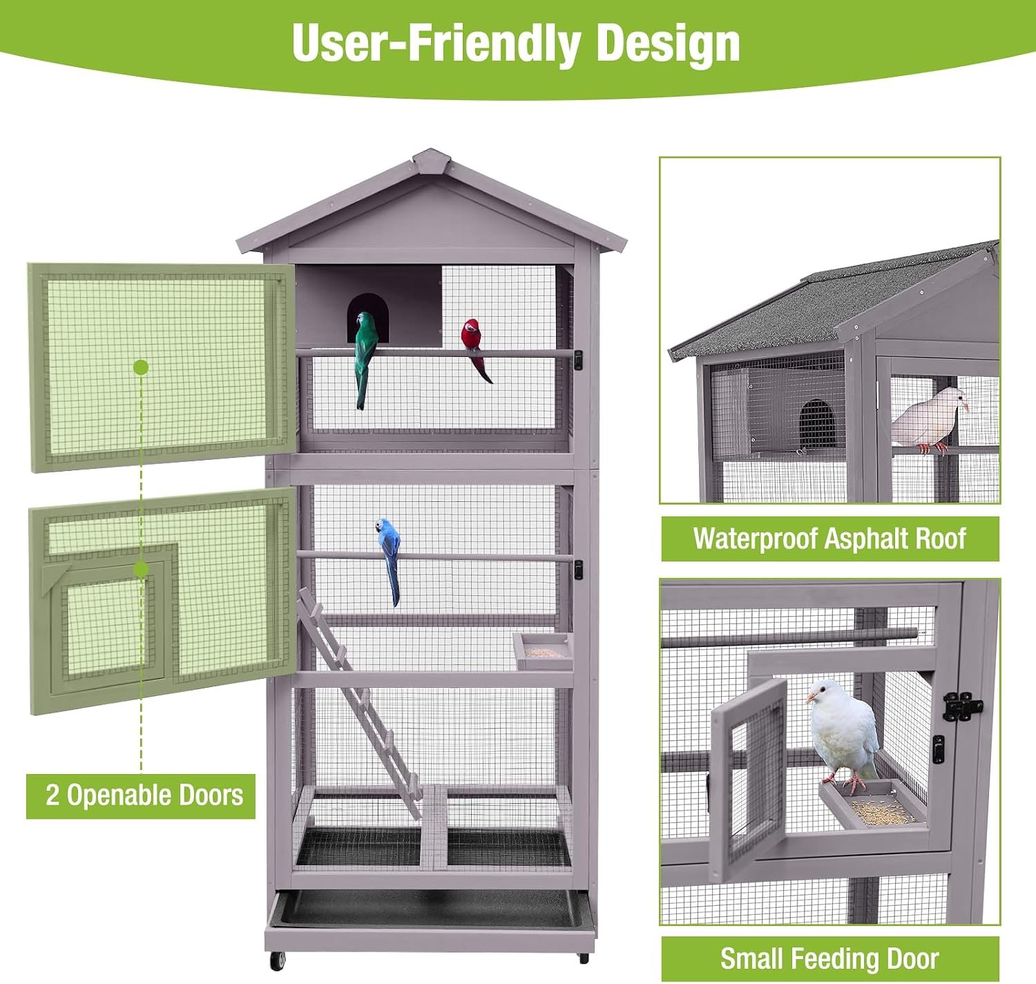 GUTINNEEN Large Bird Cage Outdoor Wooden Aviary Indoor on Wheels, with Play Stand, Perches, Nest Habitat & Wire Mesh Tray for Easy Cleaning - Image 3