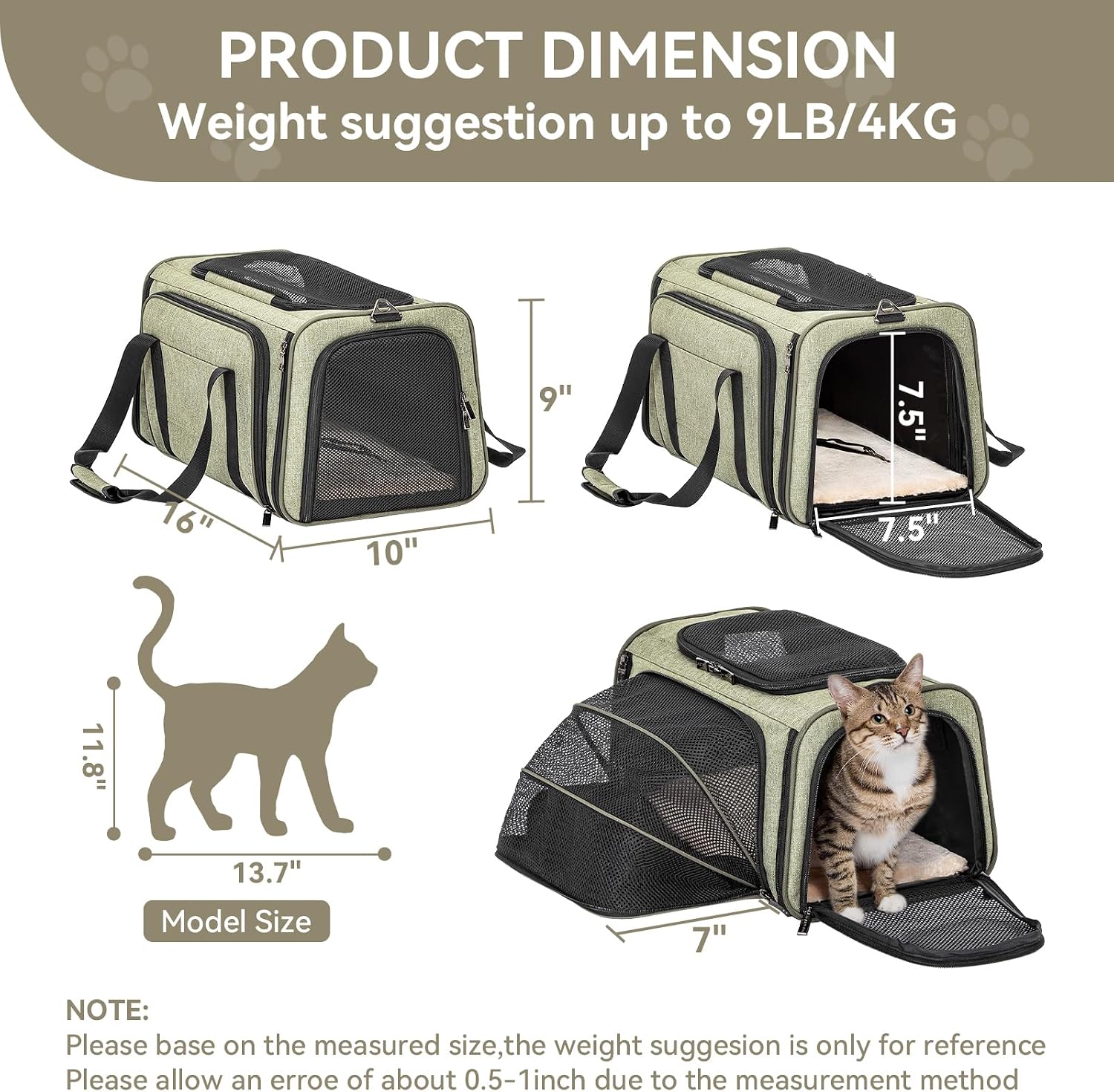 Petsfit Small Expandable Cat Carrier for Air Travel, Up to 9 lb | 16 x 10 x 9 in; sized for Alaska Airlines, with locking zippers, an interior safety tether and multi-side ventilation. - Image 2