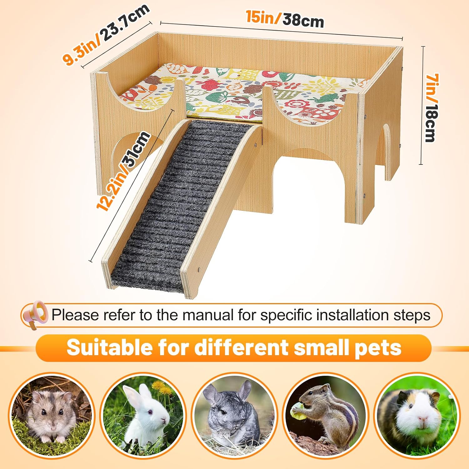 Upgraded Guinea Pig Castle, Sturdy Wooden Guinea Pig Hideout, Small Animal House Bed Hut Habitats with Stairs, Easy to Assemble for Hamsters Bunny Chinchillas Playing Hiding - Image 7