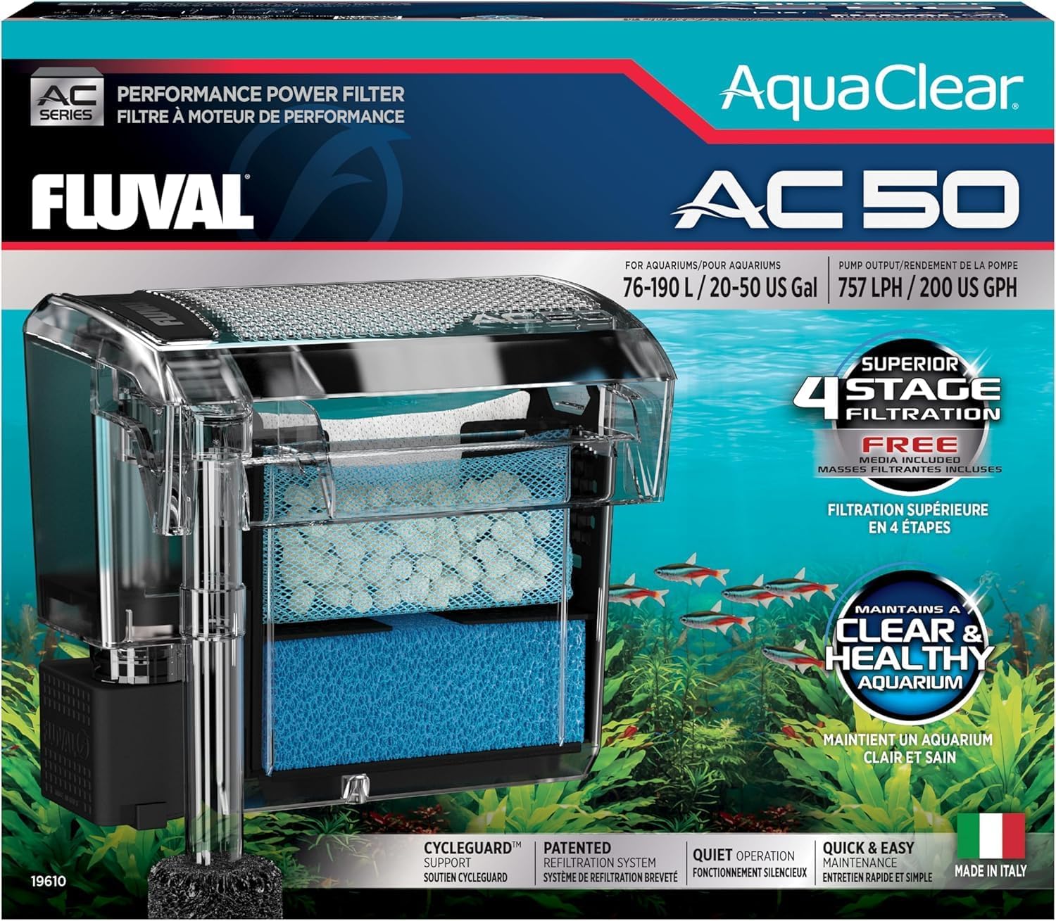 Fluval 50 Power Filter – Aquarium Filter for 20 to 50 Gallon Fish Tanks – Quiet Energy Efficient Pump – Mechanical, Chemical & Biological Filtration – Easy Install & Maintenance (Packaging May Vary) | Quiet Energy Efficient Pump - Mechanical, Chemical & Biological Filtration - Packaging May Vary