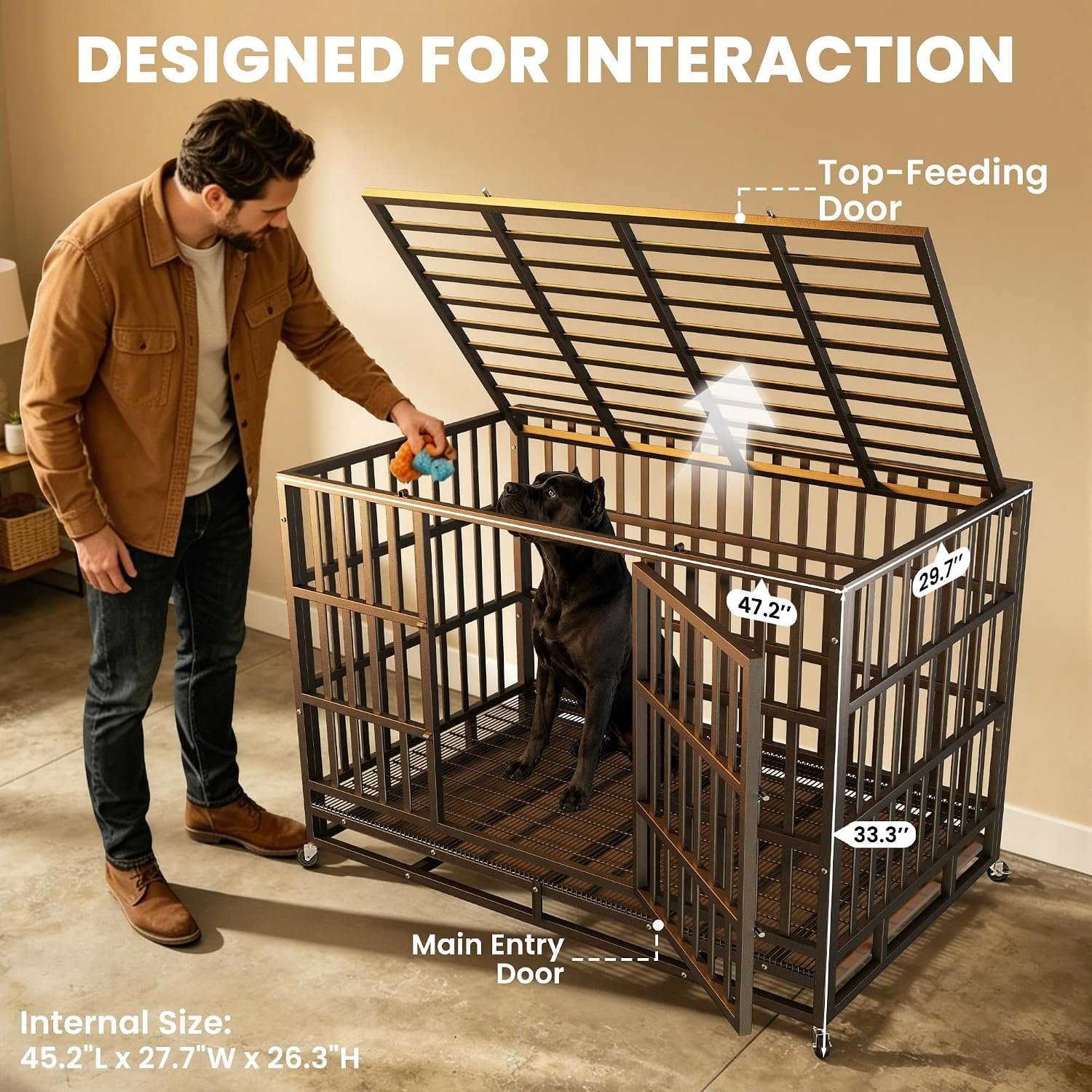 Hiwokk 48 Inch Heavy Duty Dog Crate, Indestructible Kennel for Large Dogs | 38-96" for Small to All Breeds Dogs | Escape Proof Latch | Removable Tray | Chew-Proof Steel | Lockable Wheels | Easy-Clean - Image 7