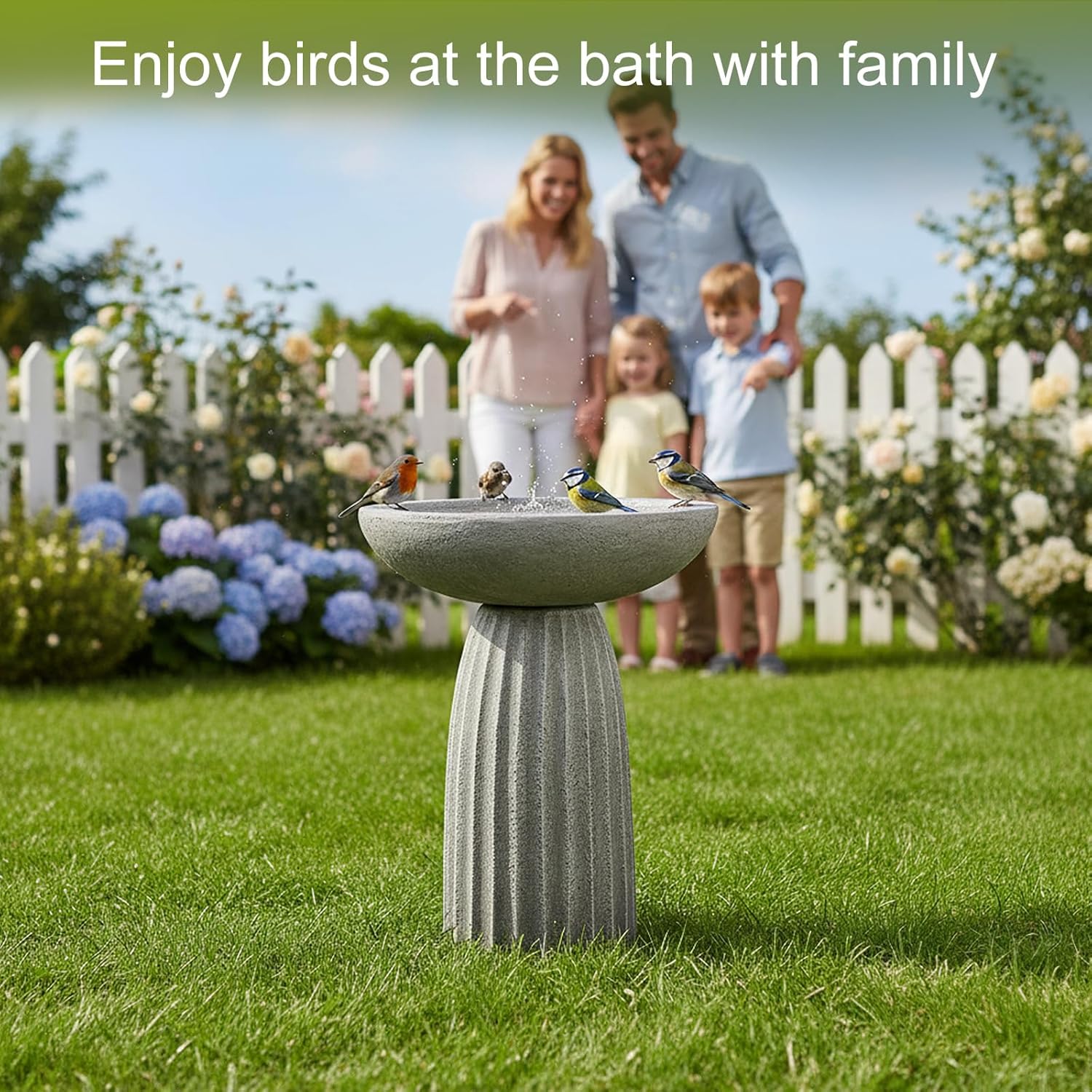 SKYFIRE 24.4" Pedestal Bird Bath for Outdoor, Geometric Fluted Concrete Birdbath with Tree Trunk Decor, Durable Fibre Reinforced Birdbath for Garden, Patio, Lawn & Backyard - Image 5