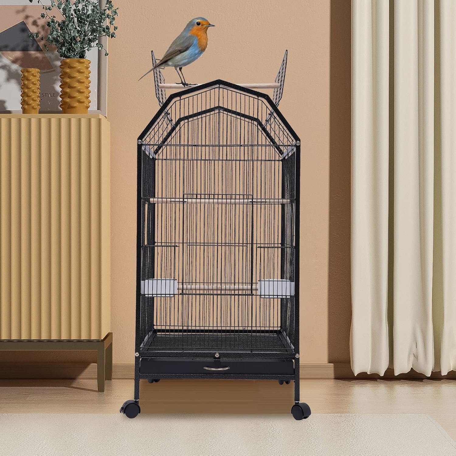 Birdcage Open Top 40 Inch Birdcages with Pull-Out Tray, Medium Small Bird Cage, Rolling Bird Cages with Wheels for Parakeets, Parrot, Cockatiel, Pigeon, Finch Cage for Birds(Black) - Image 4
