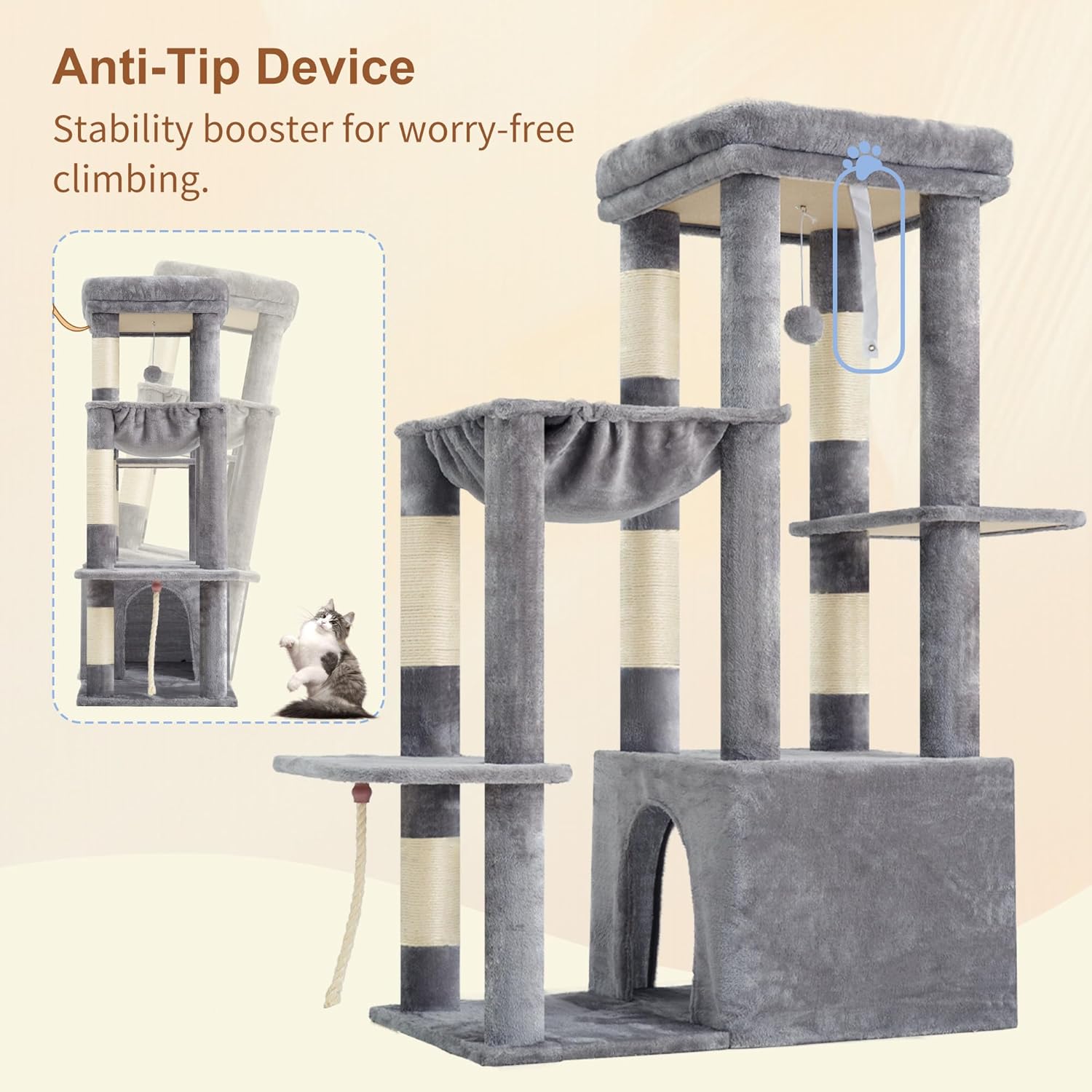 Heybly Heavy Duty Cat Tree, Tower for Indoor Cats Large Adult, Tall Cat Condo House with Extra-Large Baseboard, Multi-Level Plush Furniture with Scratching Posts, Hammock,Toy Balls,Light Gray HCT026W - Image 7