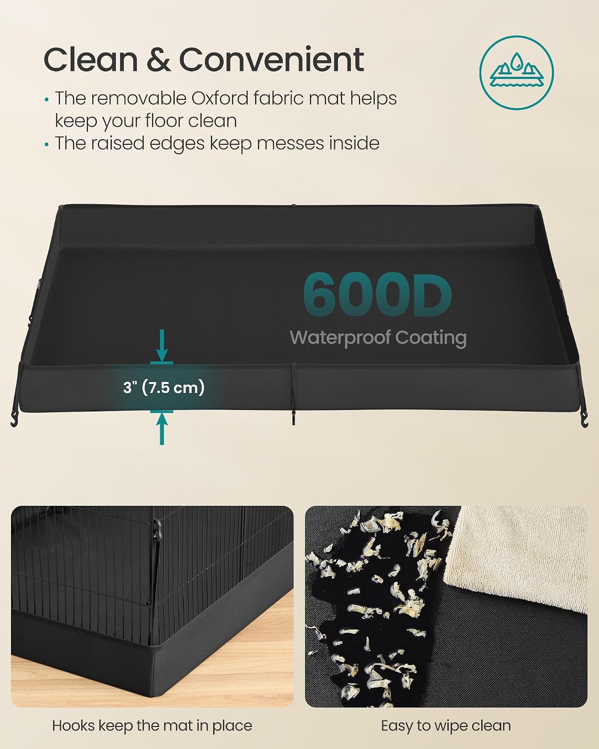 SONGMICS Guinea Pig Cage, Rabbit Cage, Small Animal Playpen with Waterproof Mat, Top and Side Door, 20 Panels, 48.4 x 24.8 x 16.3 Inches, Ink Black ULPI011BH01 - Image 6