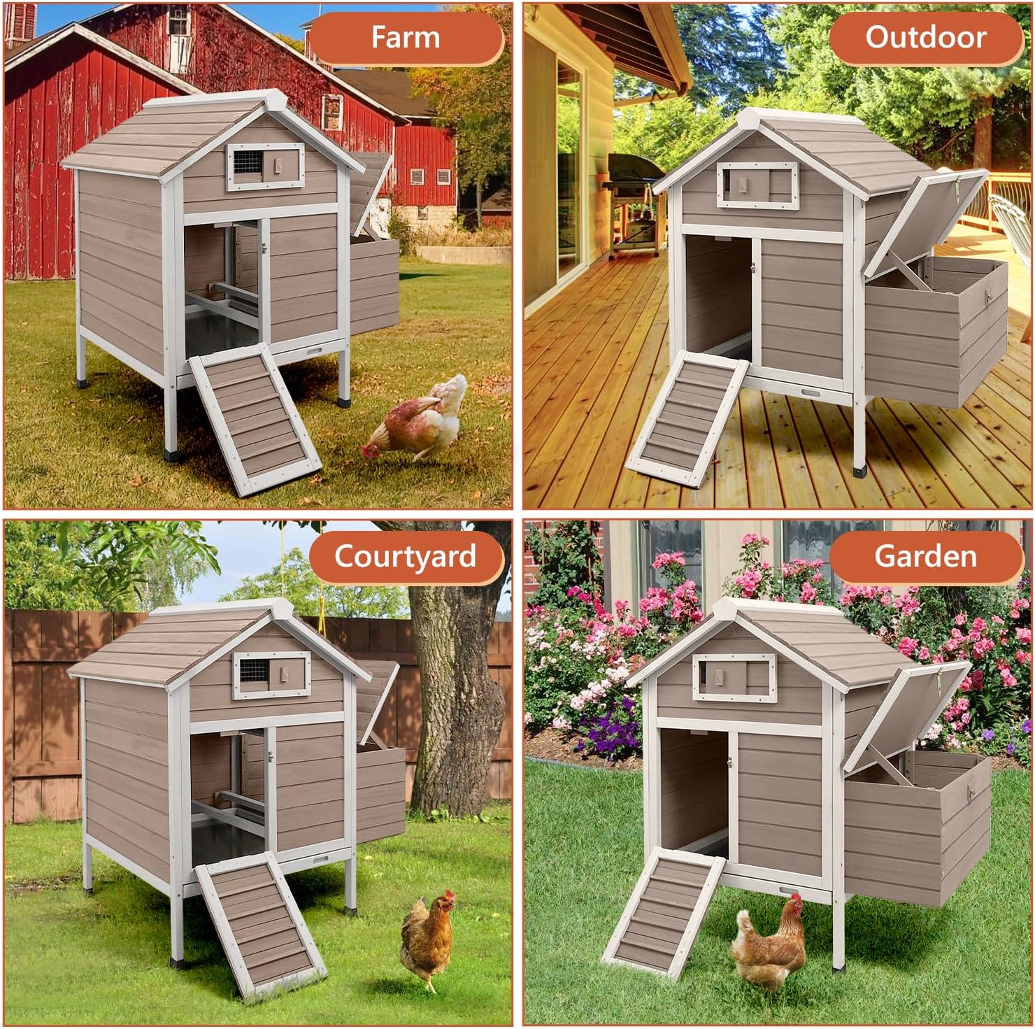 Chicken Coop Chicken House Outdoor with 2 Nesting Box, Wooden Hen Rabbit Pet House Hutch Poultry Cage with Removable Trays, Ramp (32" L x 23.6" W x 36.6" H) - Image 6