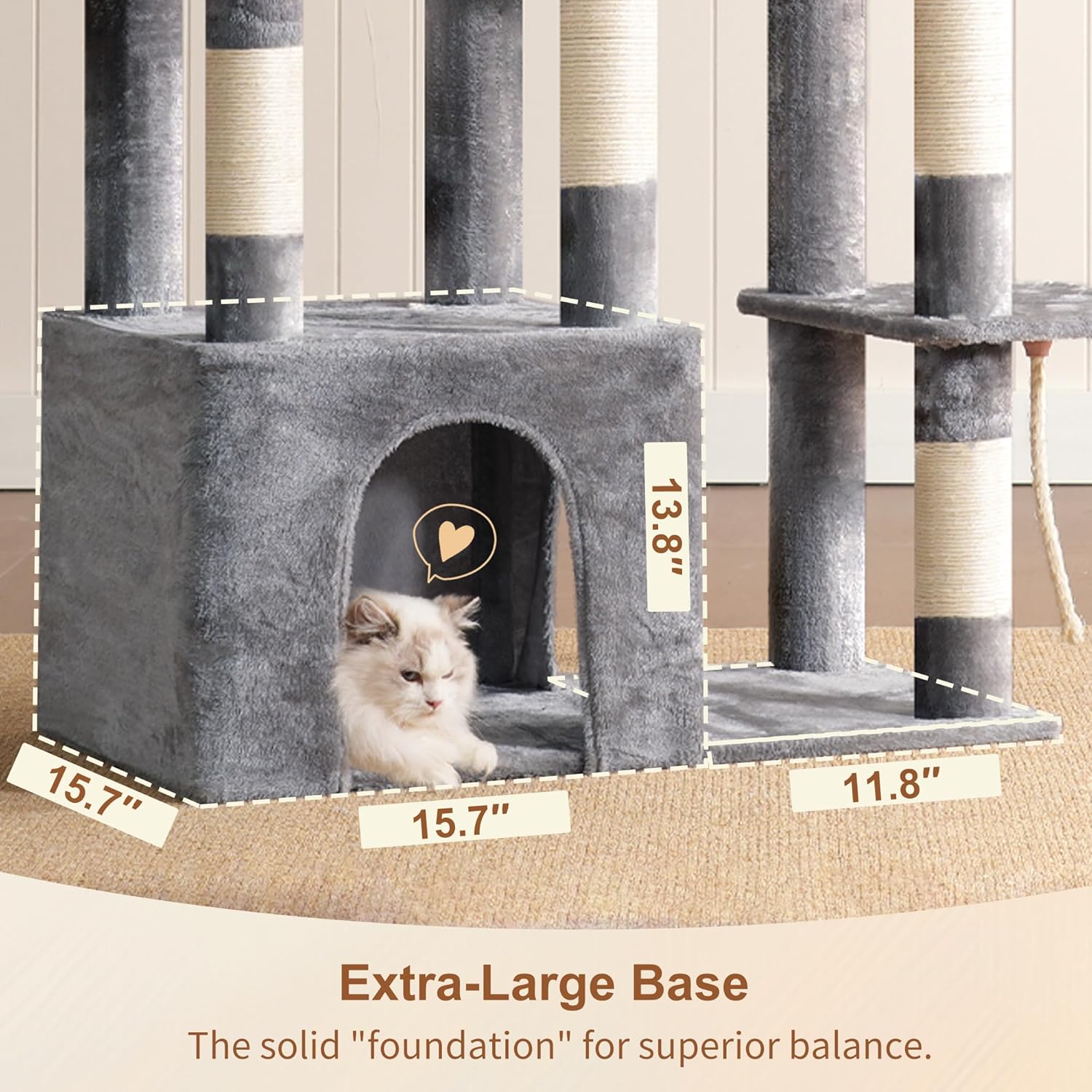 Heybly Heavy Duty Cat Tree, Tower for Indoor Cats Large Adult, Tall Cat Condo House with Extra-Large Baseboard, Multi-Level Plush Furniture with Scratching Posts, Hammock,Toy Balls,Light Gray HCT026W - Image 4