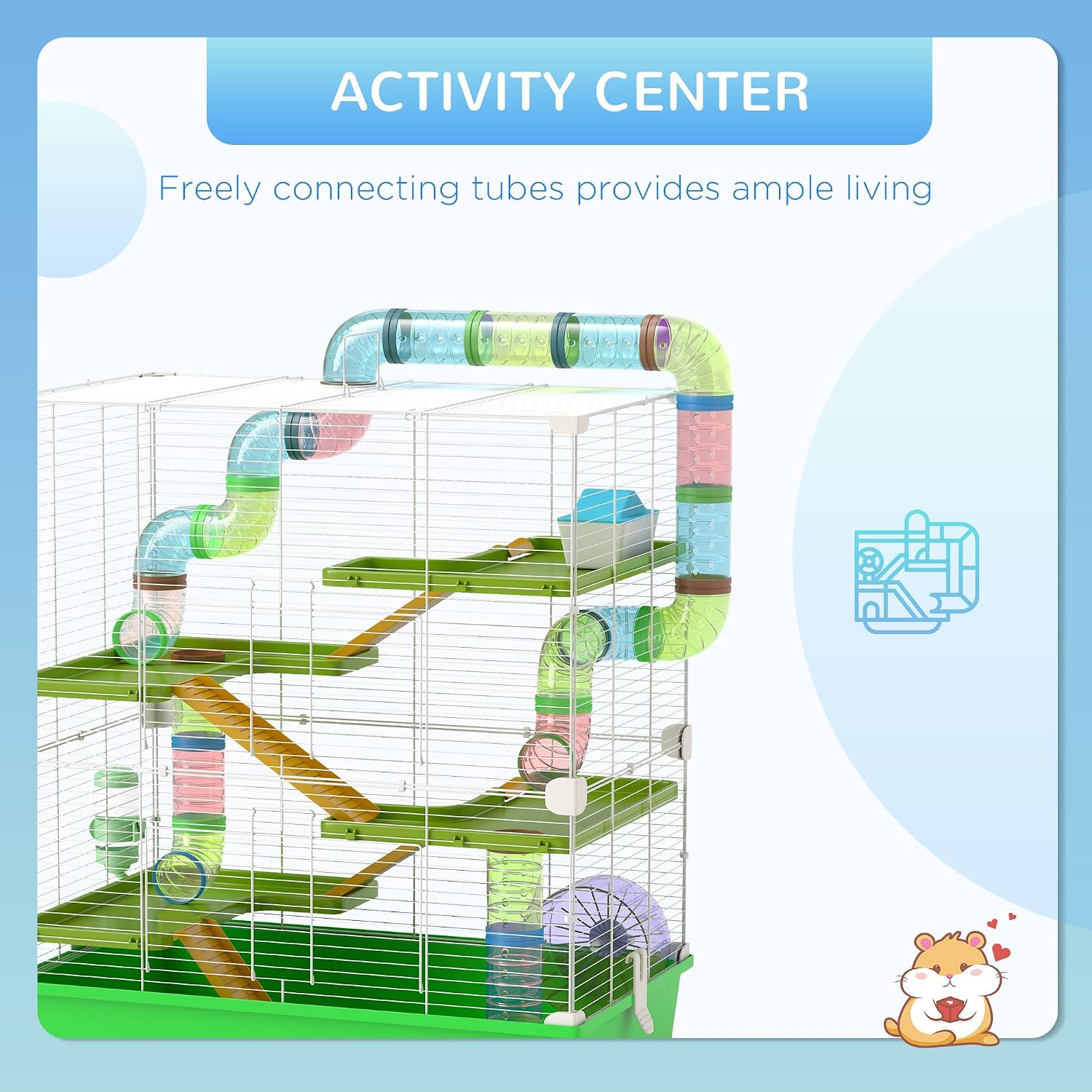 PawHut Extra Large 23" Hamster Cage with Tubes and Tunnels, Portable Carry Handles, Rat House and Habitats Big 5-Tier Design, Mouse Cage Includes Exercise Wheel, Water Bottle, Food Dish, Green - Image 3