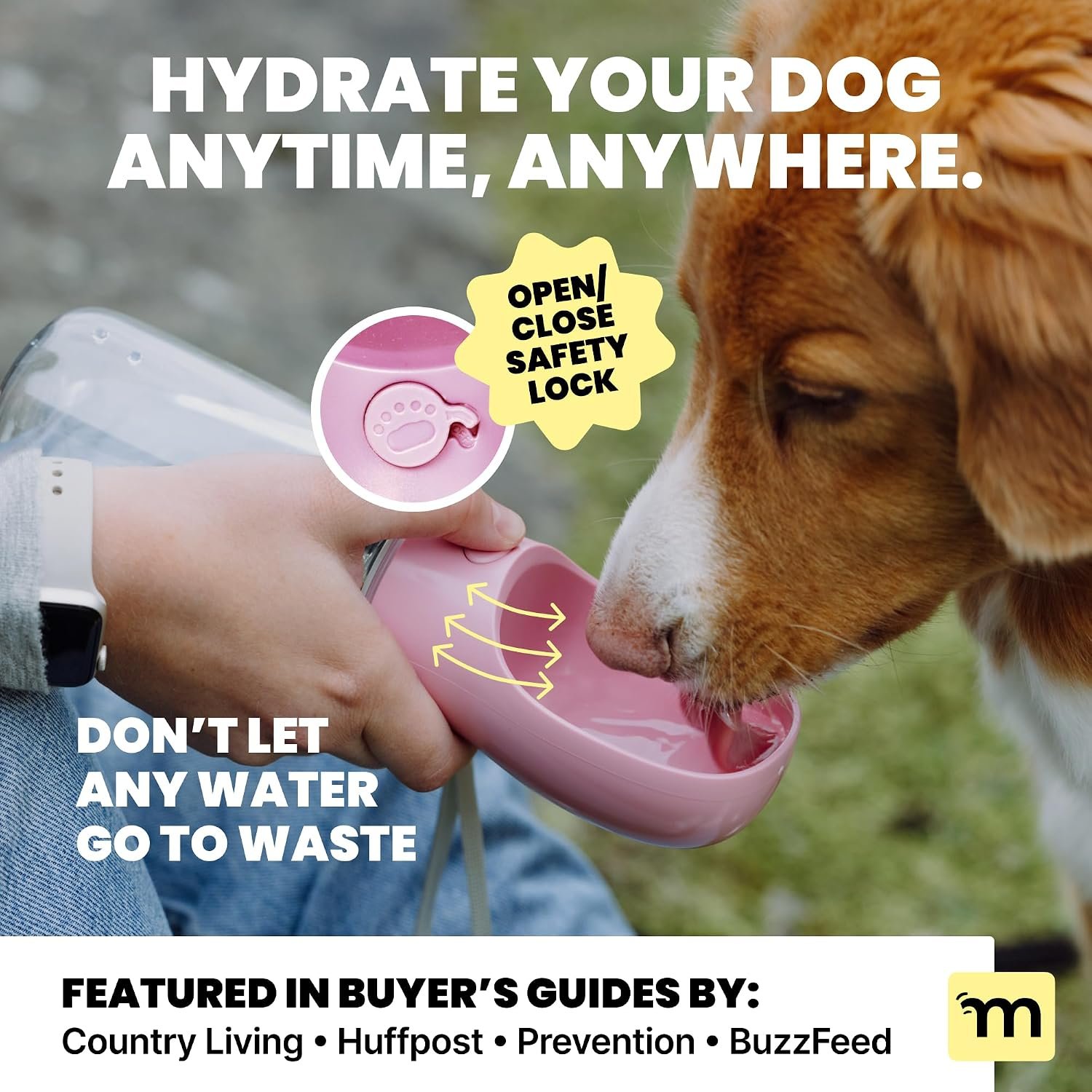 MalsiPree On the Go Dog Water Bottle - 12 oz Pink, Leak-Proof | 12oz leak-proof bottle & built-in bowl - one-hand use - Use for dog travel, hiking, park & beach days - Image 2