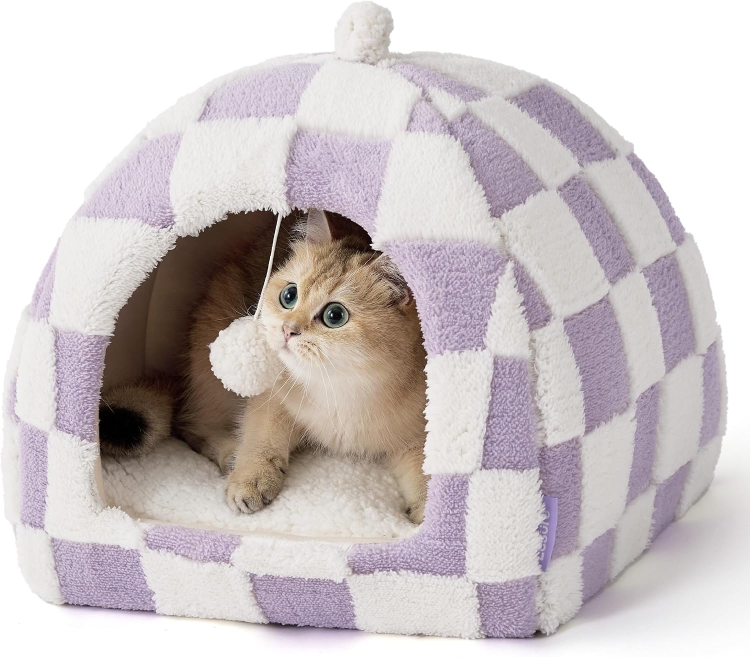 Lesure 2in1 Cute Cat House for Kitten with Washable Cushioned Pillow,16in | Cat Beds for Indoor Cats,Small Pet Cave Tent,Cozy Enclosed Foldable Hideaway,Fluffy Ball,Anti Slip Bottom,Hand Strap,Purple