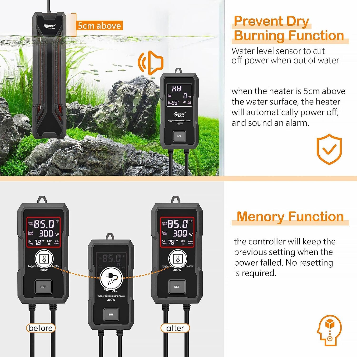 hygger Aquarium Heater 300W/500W/800W/1000W, Submersible Fish Tank Heater with Digital LED Controller and Intelligent Leaving Water Automatically Stop Heating System, for Freshwater and Saltwater - Image 4