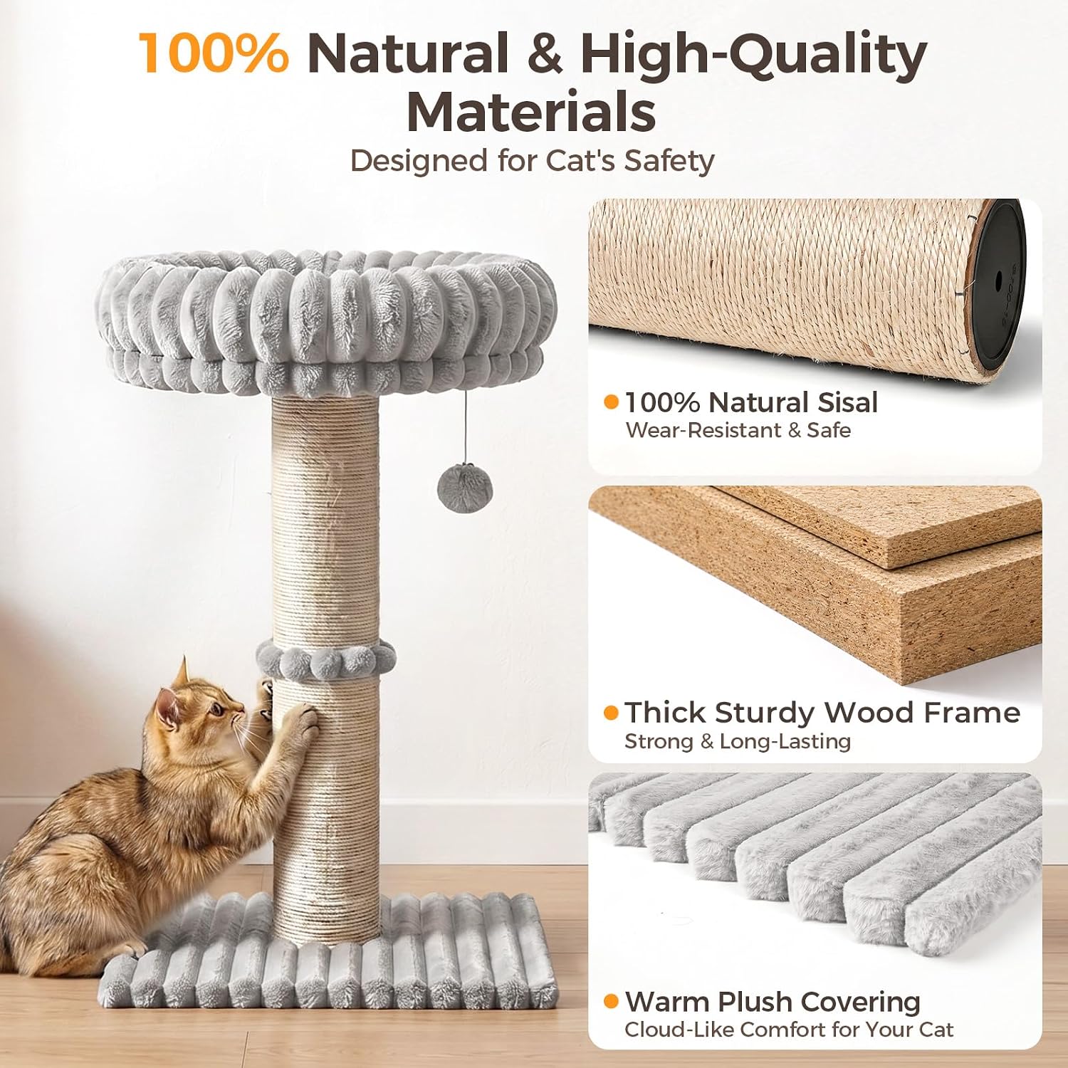 Avont 29” Sisal Cat Scratching Post, Cat Scratcher with Large Plush Perch | Scratching Post with Plush Elevated Bed for Indoor Cats, Removable& Washable Cover, Lightgrey - Image 4