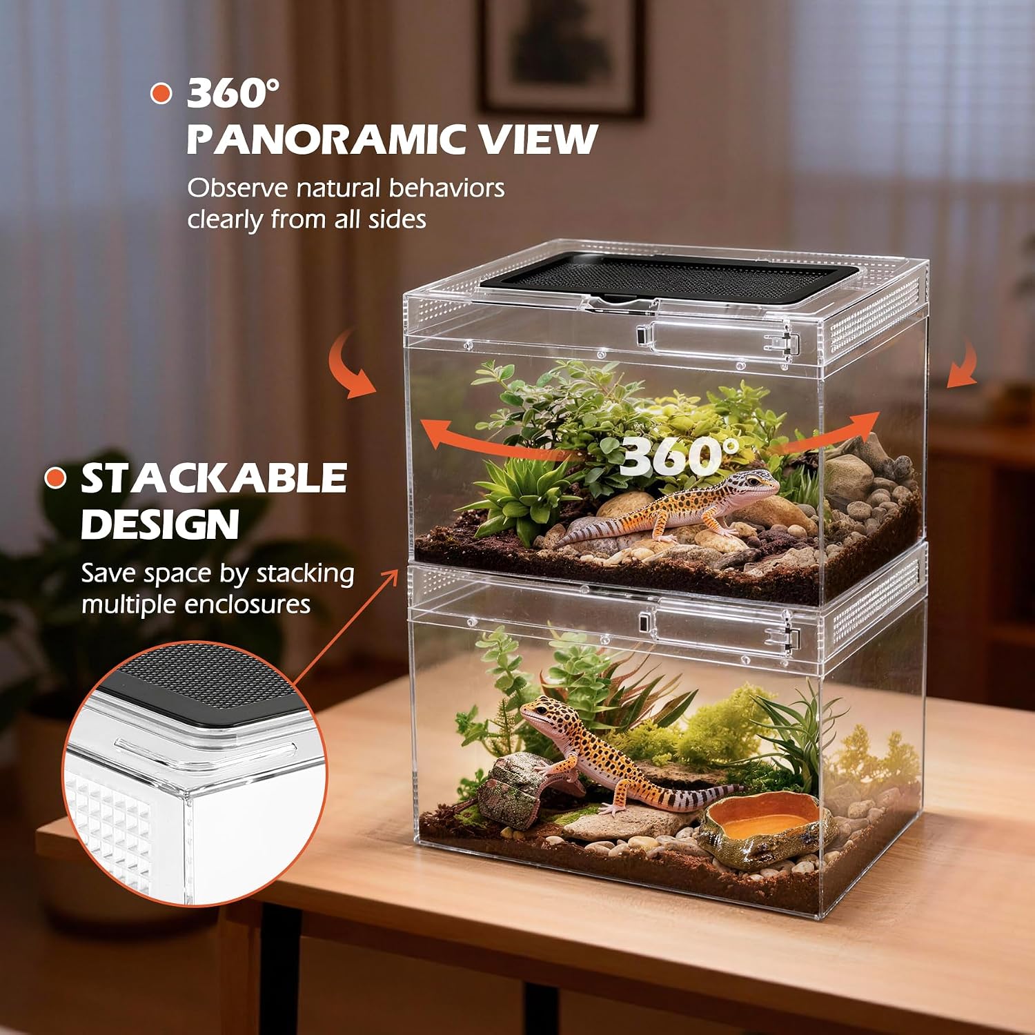 AZV Reptile Tank Starter Kit,8 Piece Escape Proof Hermit Crab Cage Small | All In One Lizard Terrarium,Multi-Vent Compatible Gecko Habitat,Clear PC Material Frog Enclosure,Easy-Clean Waterproof Base - Image 7