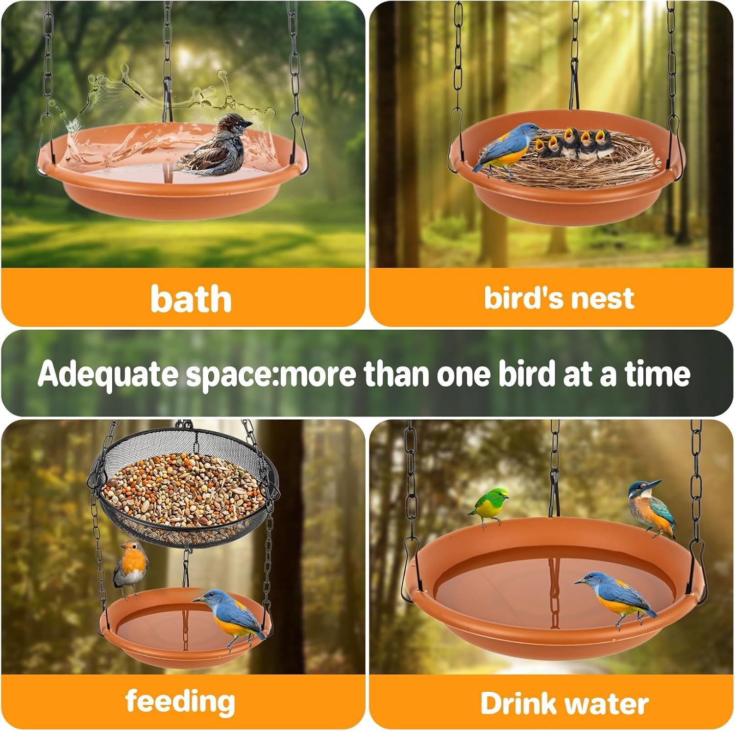 RAINFLOW Hanging Bird Bath Feeder - 2 in 1 Outdoor Water Tray for Backyard | Platform Bird Feeder for Outside Garden Patio, Attracts Wild Birds, Spring Summer Decor, Bird Lover Gift, Easy Hanging Set - Image 7