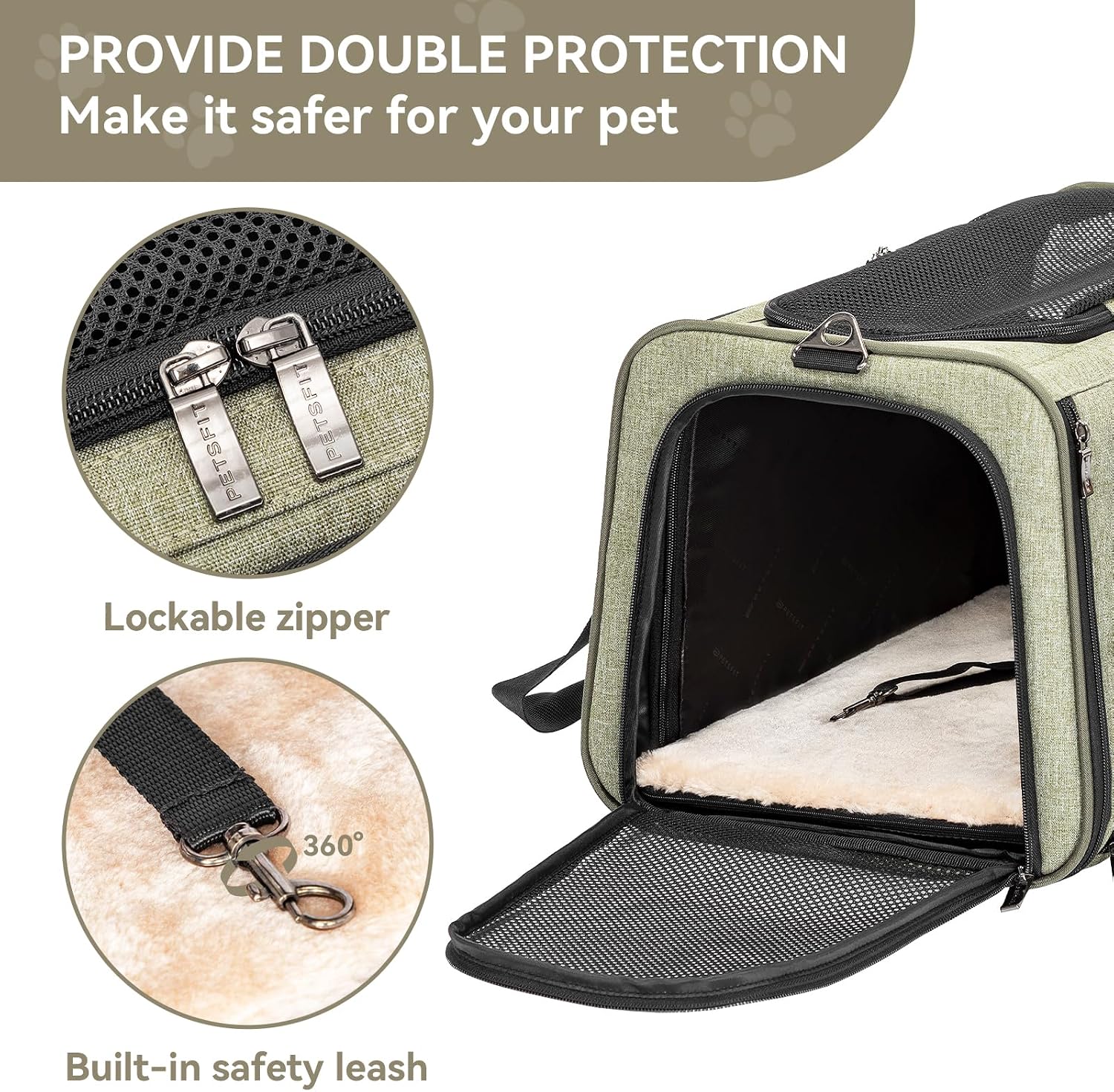 Petsfit Small Expandable Cat Carrier for Air Travel, Up to 9 lb | 16 x 10 x 9 in; sized for Alaska Airlines, with locking zippers, an interior safety tether and multi-side ventilation. - Image 6