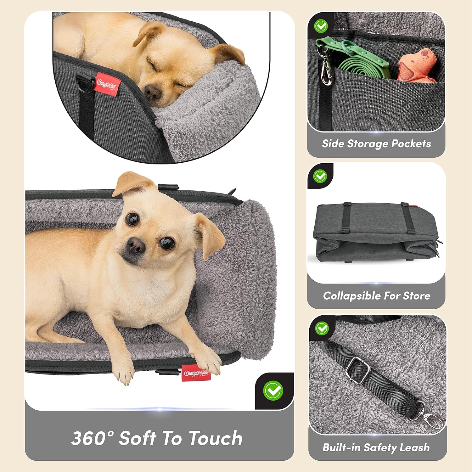 BurgeonNest Center Console Dog Car Seat for Small Pets to 11lbs, Grey | Anti-collapse armrest Console seat with washable fluffy cushion, pillow & tether for stable, cozy pet travel trips. - Image 5