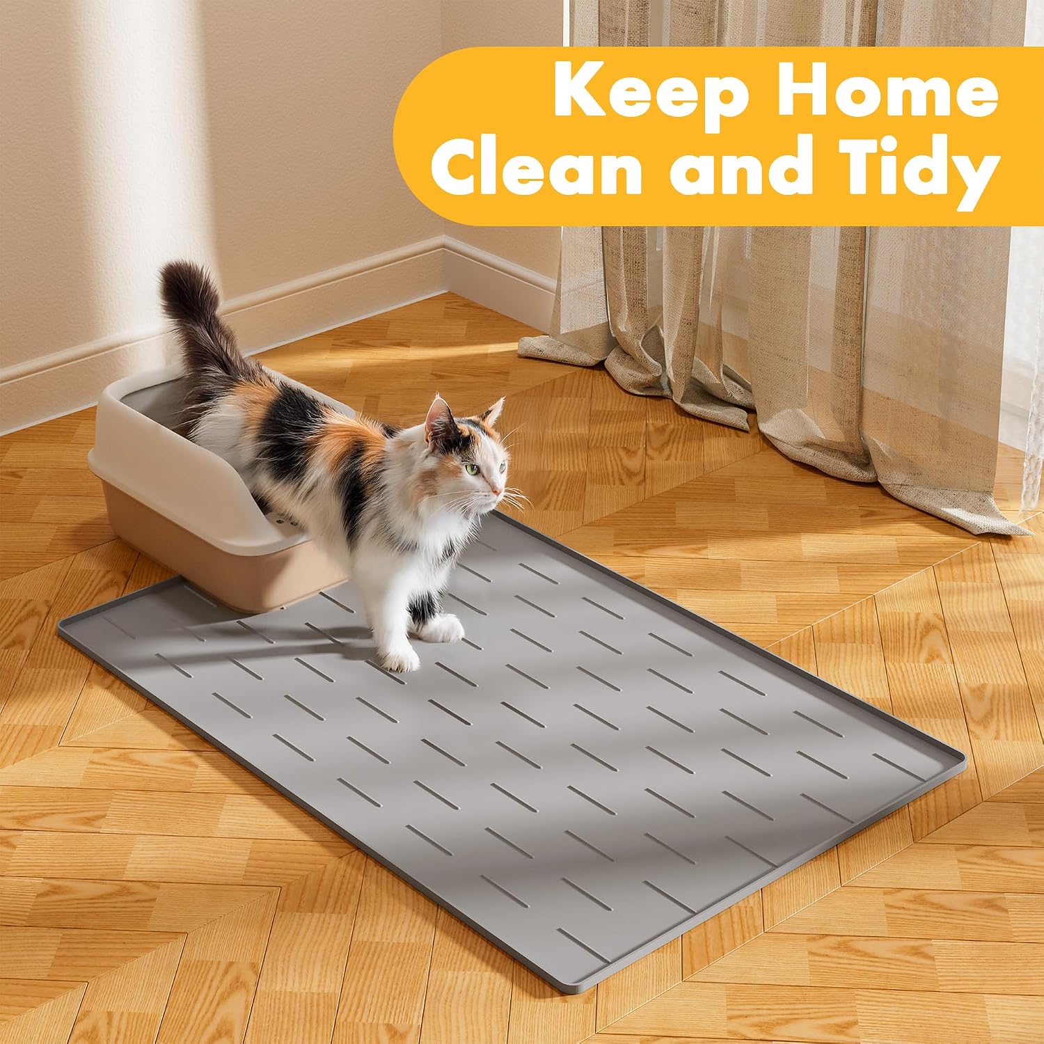 Pieviev Silicone Cat Litter Trapping Mat, 34''x22'' Large Cat Litter Mat, Easy to Clean & Soft on Kitty Paws, Waterproof Kitty Litter Pads for Indoor Cats, Light Grey - Image 8