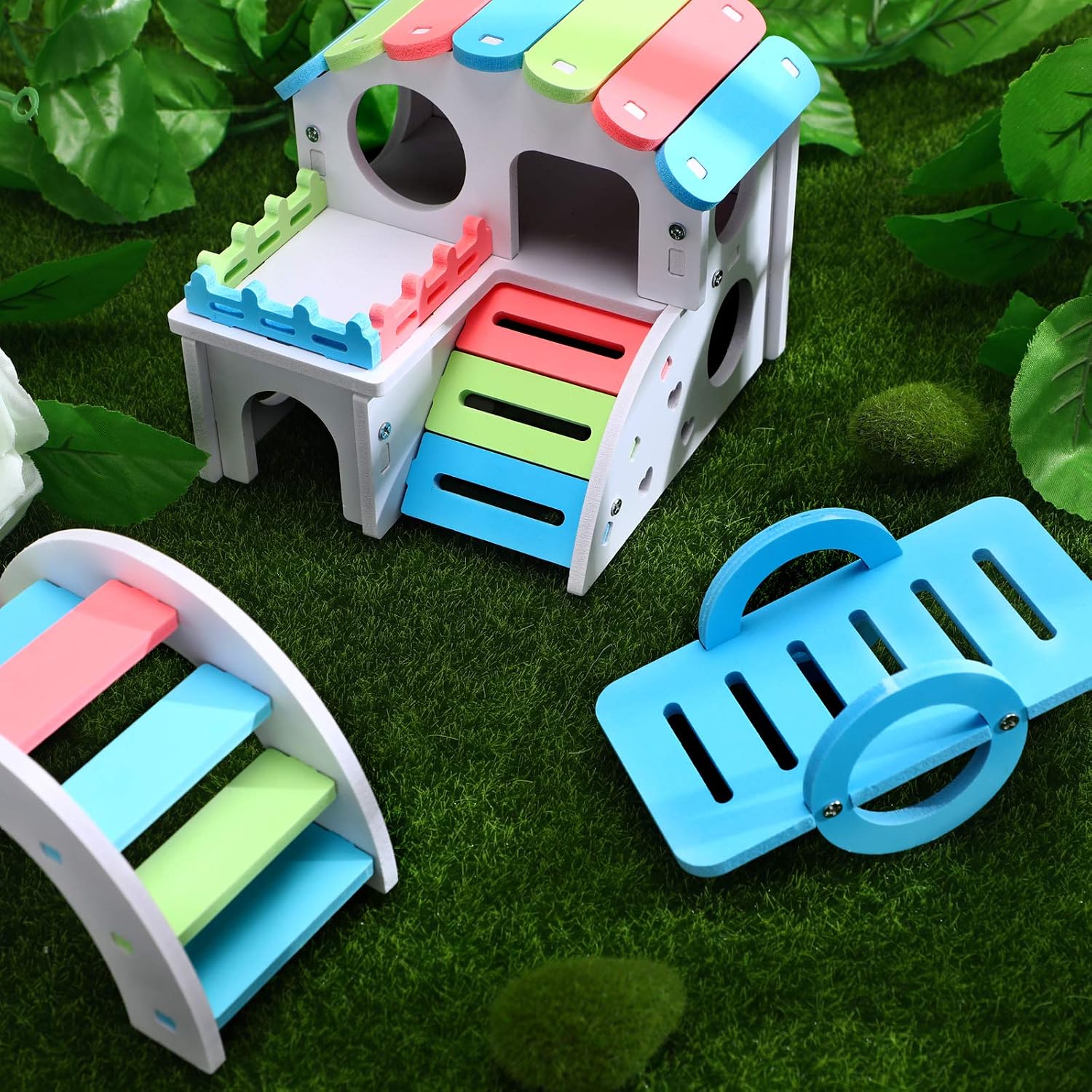 3 Pieces Fun Hamster Guinea Pig Hideout Kit Include PVC Hamster House, Rainbow Bridge, Seesaw DIY Exercise Playhouse for Rats Mouse Small Animals(Small,Rainbow Color) - Image 5