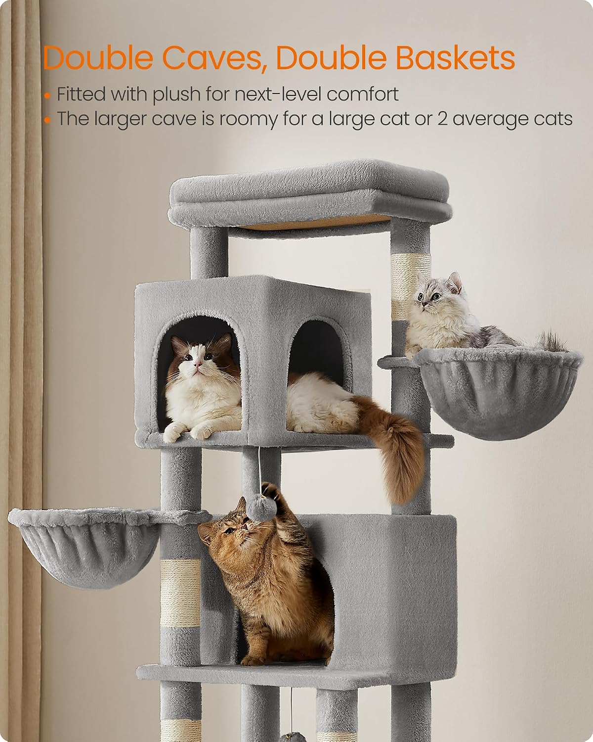 Feandrea Cat Tree, 69-Inch Tall Cat Tower, Multi-Level Plush Condo with 2 Caves, 2 Baskets, 5 Scratching Posts, Self-Groomer, Perch, Hammock, Dove Gray UPCT182G01 - Image 4