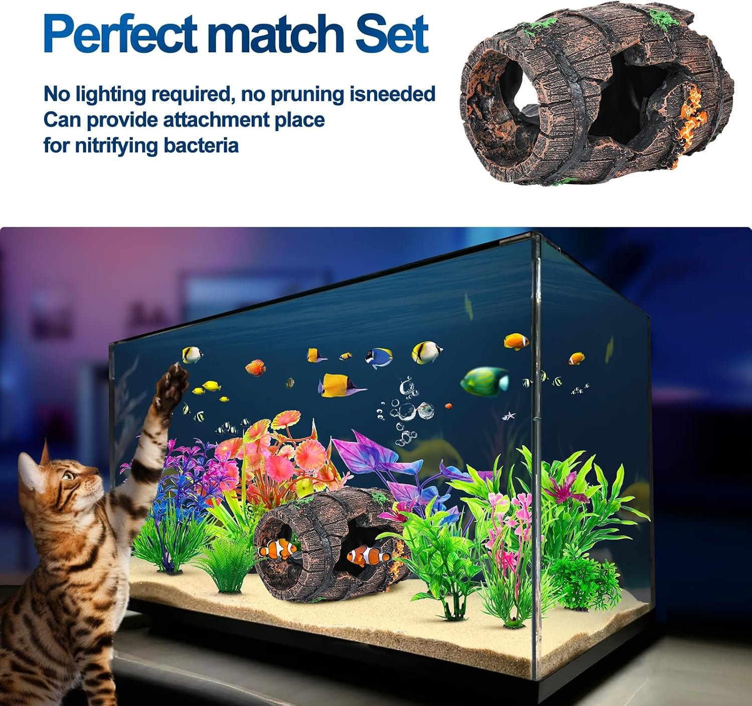 CousDUoBe Fish Broken Barrel Decor Fish Tank Decorations Betta Fish Tank Accessories,Starfish Barrel x 1pc, Aquarium Plants x 8pcs - Image 3