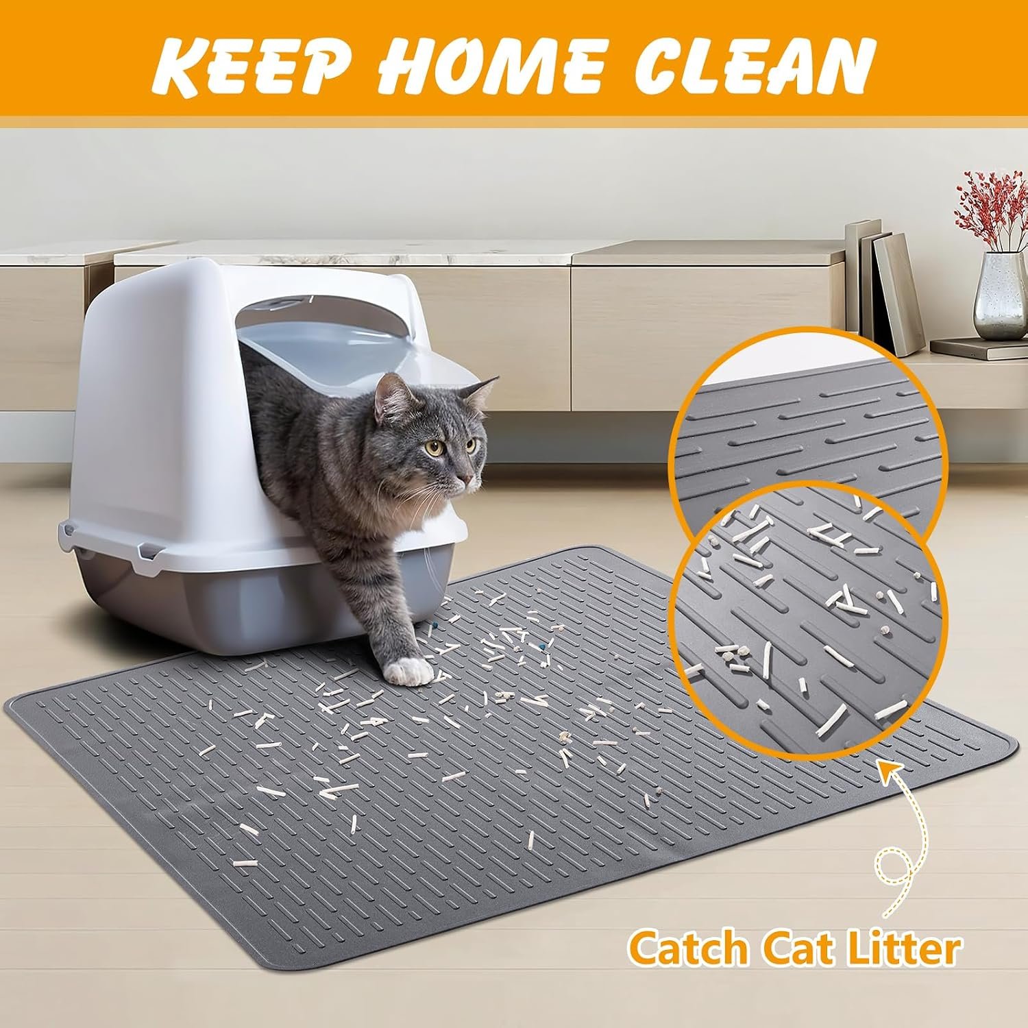 Silicone Cat Litter Mat, Waterproof, Raised Edge, 28 x 20 in, Gray | Quick-clean silicone, traps litter, leakproof floor protection, non-slip base, doubles as feeding mat - Image 2