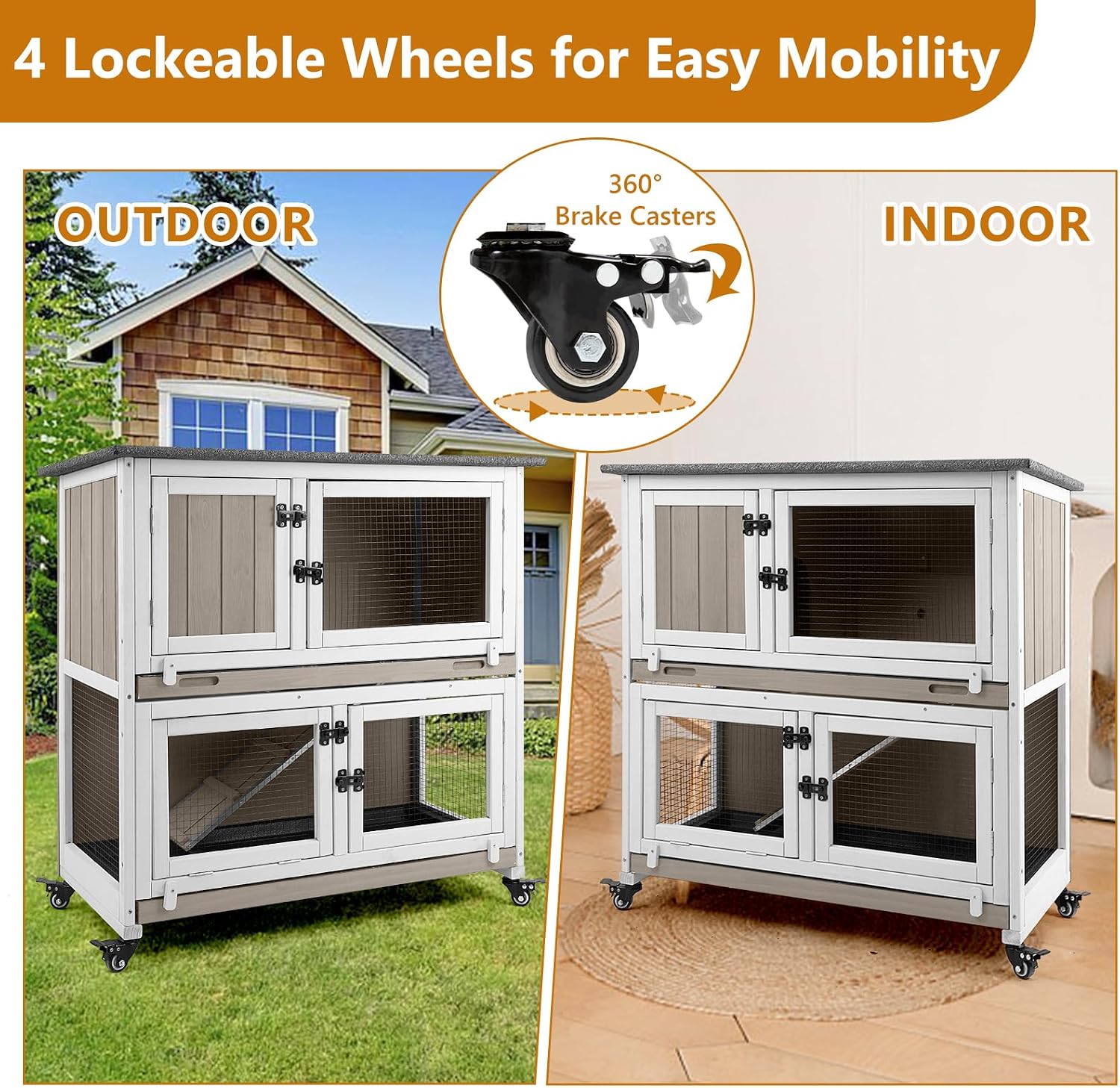 2 Story Rabbit Hutch Indoor & Outdoor, Wooden Rabbit Cage with 2 Leak-Proof Pull-Out Trays, 4 Wheels, Ramp, Chew-Anti Metal Strip for Rabbit, Guinea Pig, Hamster (36" L x 17.8" W x 36.7" H) - Image 4