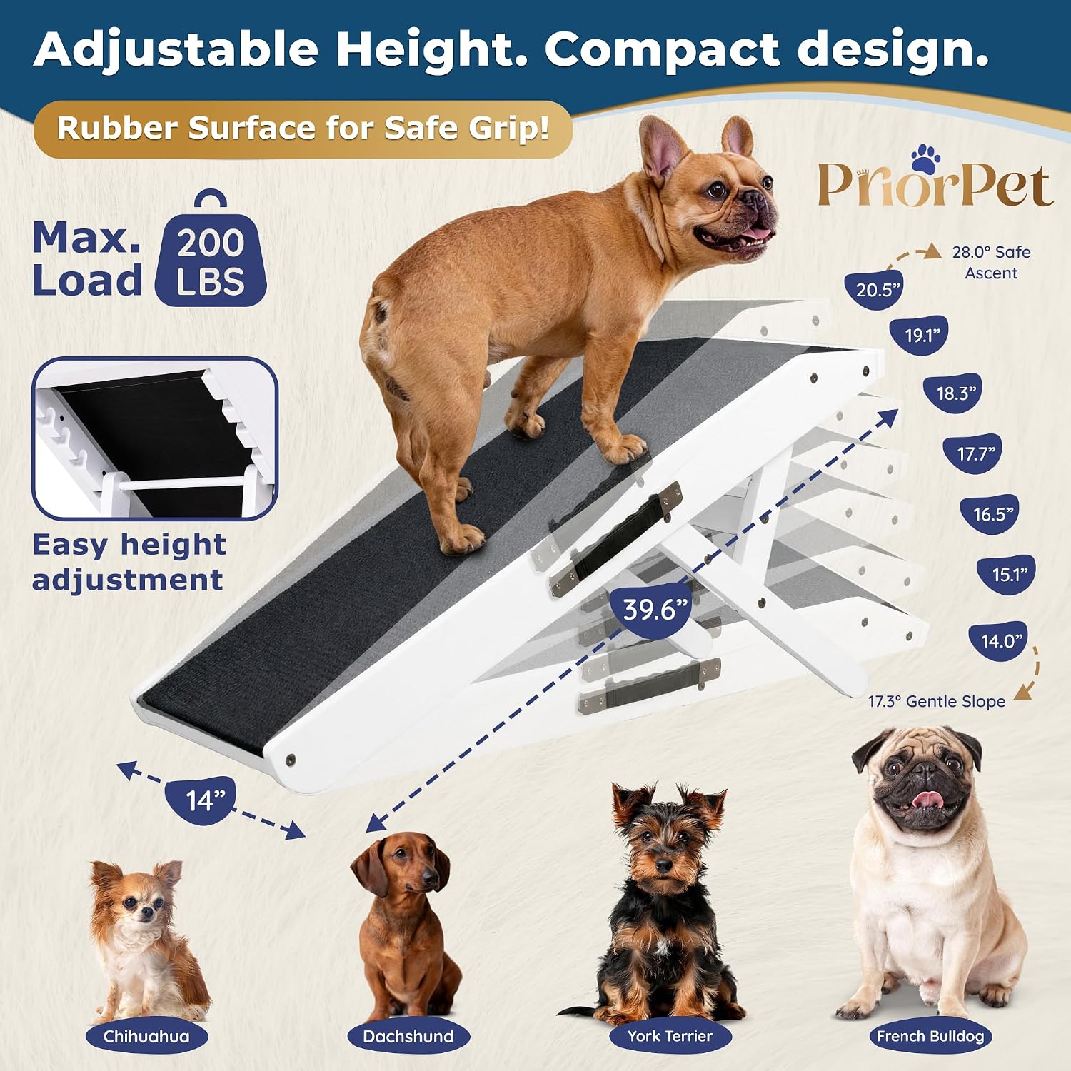 Dog Ramp for Couch – Non-Slip, Sturdy Build Foldable Wooden Dog Ramp – Supports up to 200 lbs – 7 Adjustable Heights (14"–20.5") – Enhanced Stability – Birchwood Pet Ramp for Small Dogs – White - Image 2