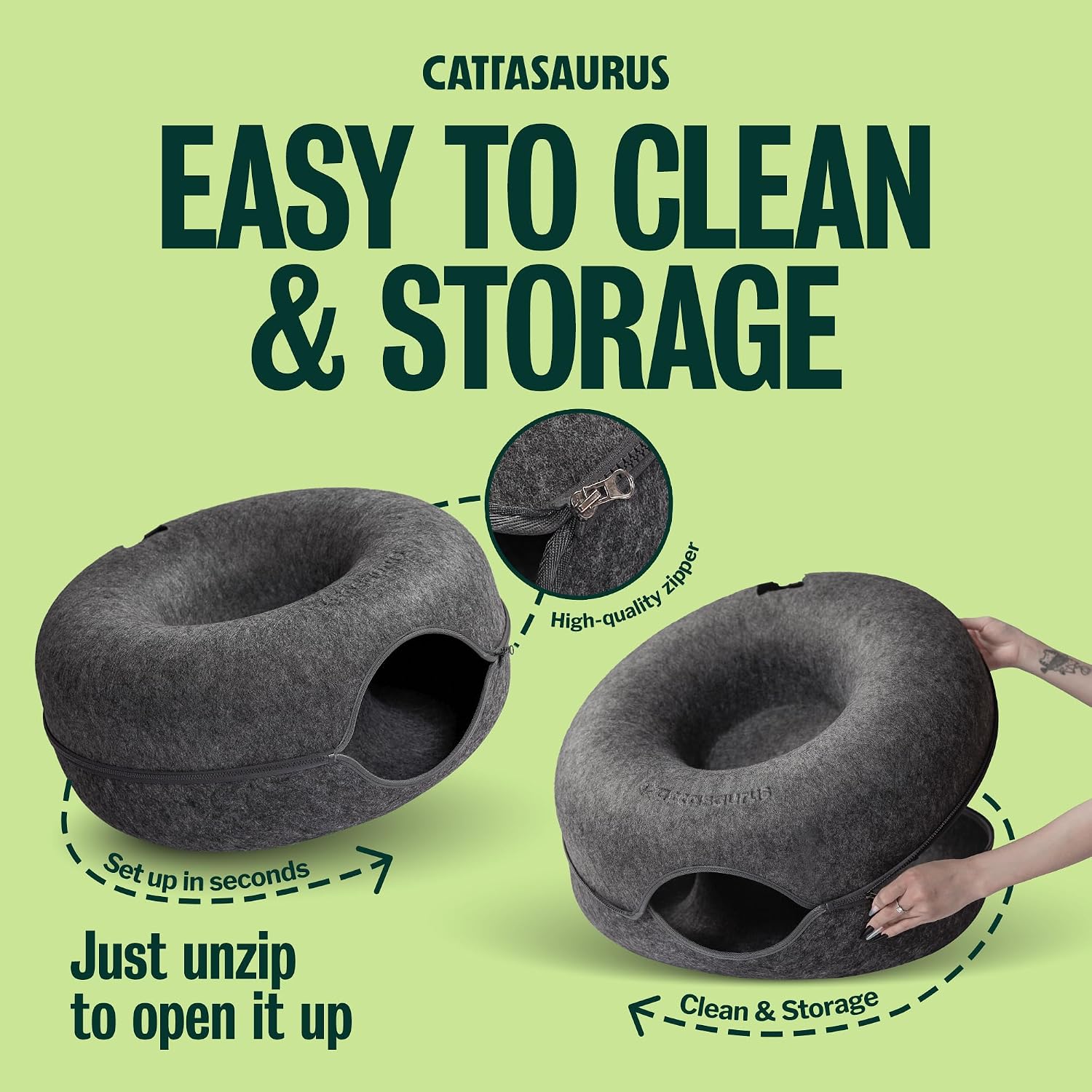 Cattasaurus Peekaboo Cat Cave for Multiple & Large Cats Up to 30-45 Lbs, Scratch Detachable & Washable Tunnel Bed, Comfy Donut Cat Cave (Dark Gray, Large) - Image 8