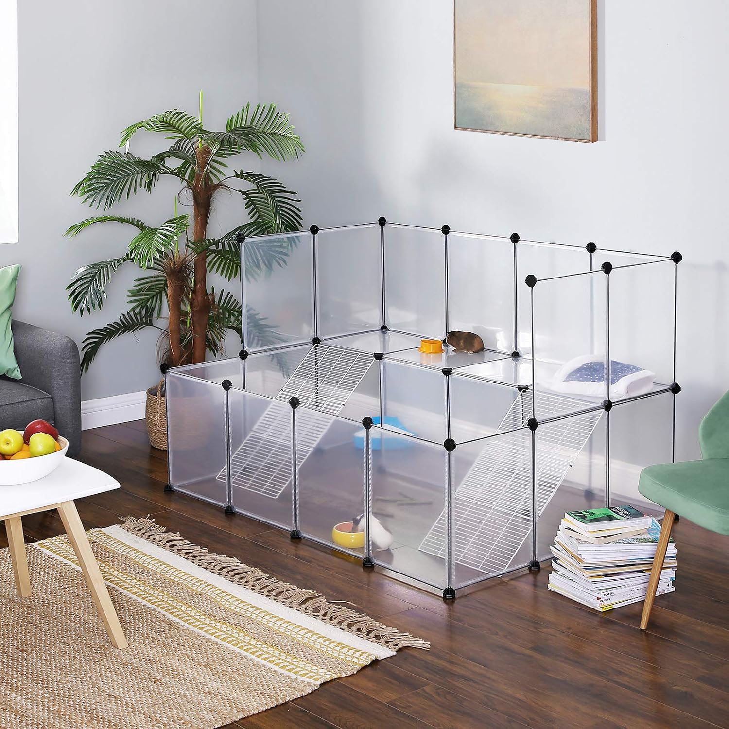 SONGMICS Guinea Pig Playpen with Dense Ramp, Indoor Rabbit Run Hutch Cage, Large Exercise Enclosure with Stairs, DIY Plastic Modular Fence for Hamster, Pet, Small Animals, White ULPC004W01 - Image 3