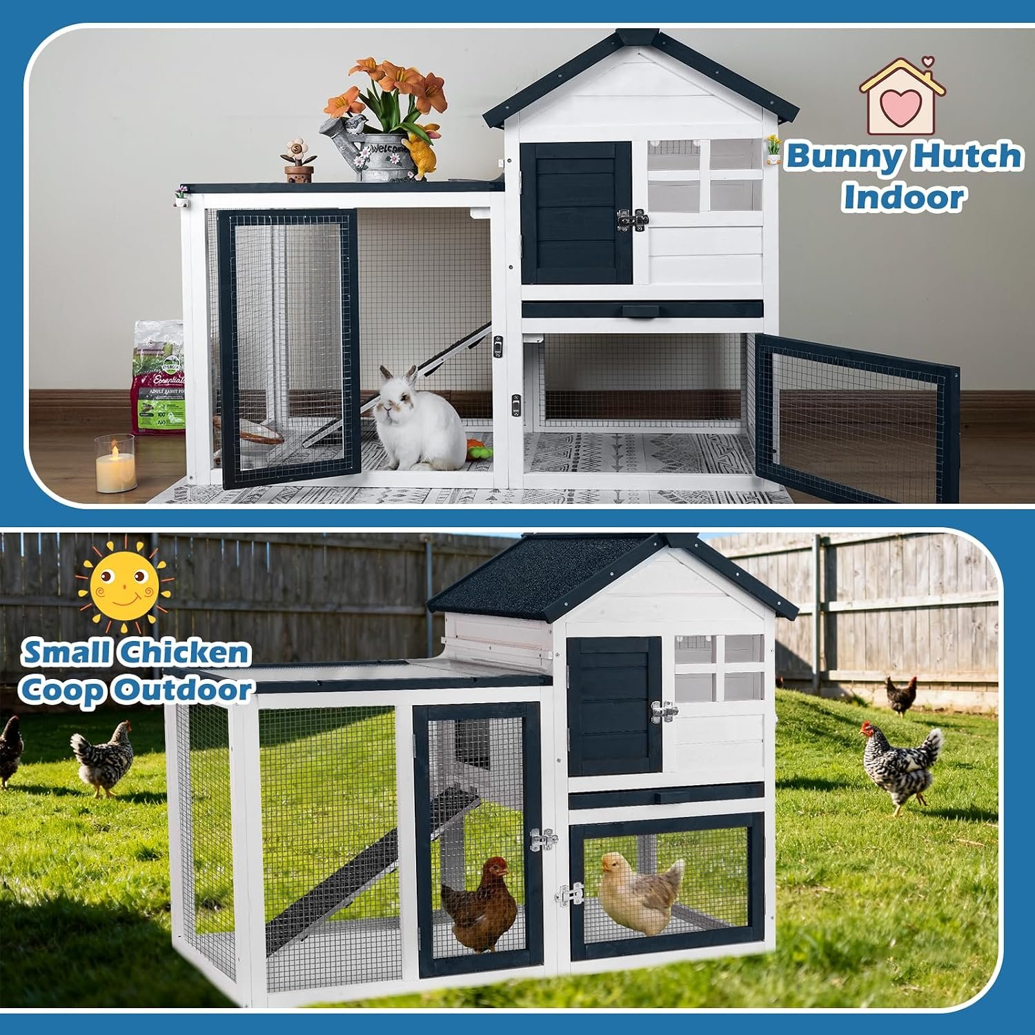 FunXplore Bunny Hutch Indoor Outdoor Rabbit Cage with Weatherproof Roof | Chicken Coop Animal House, Wire Floor, Pull-Out Tray, Chew-Resistant Ramp & Entrance, Openable Waterproof & UV-Resistant Roof - Image 6