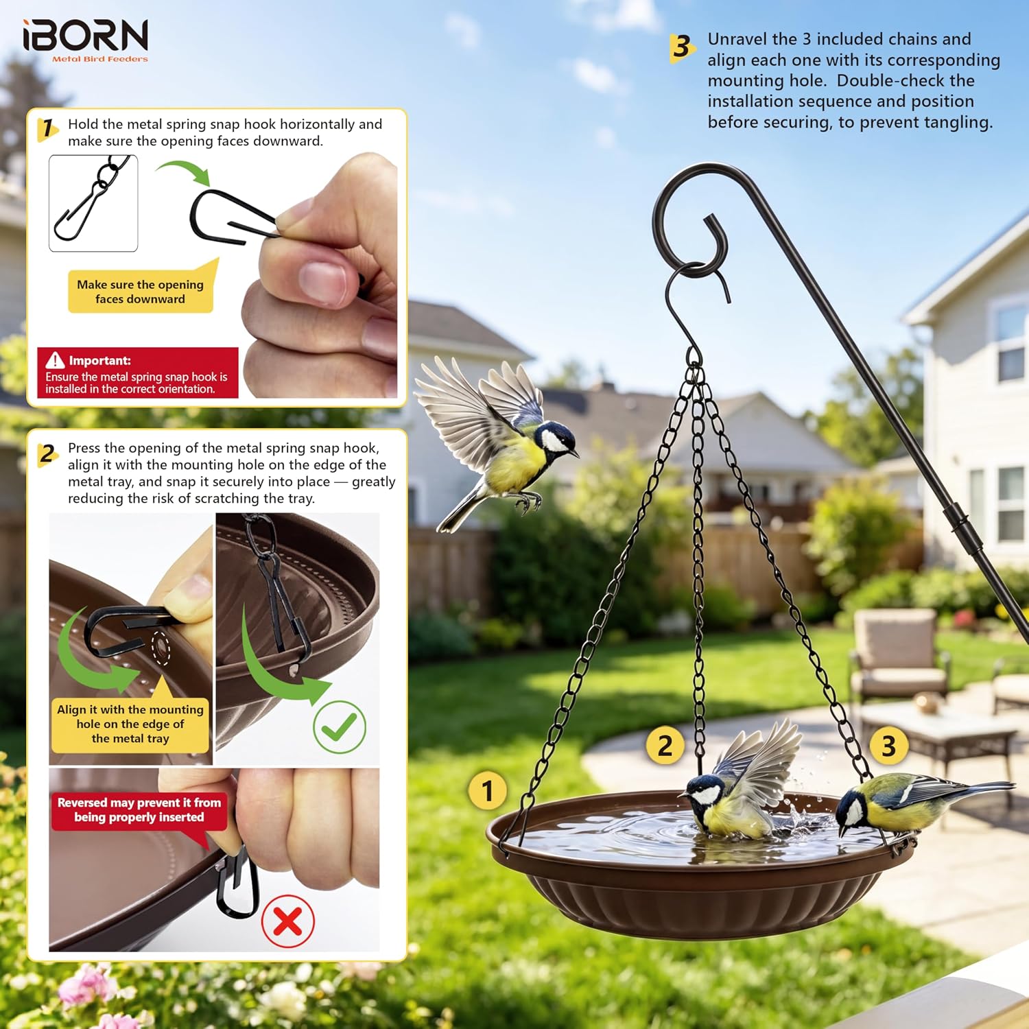 iBorn Hanging Metal Bird Bath Feeder Tray, 1.5L All Metal Wild Birdbath for Outdoor Backyard Garden, Squirrel Chew Proof Rust Resistant for Wild Birds, Bronze, Pack of 1 - Image 5