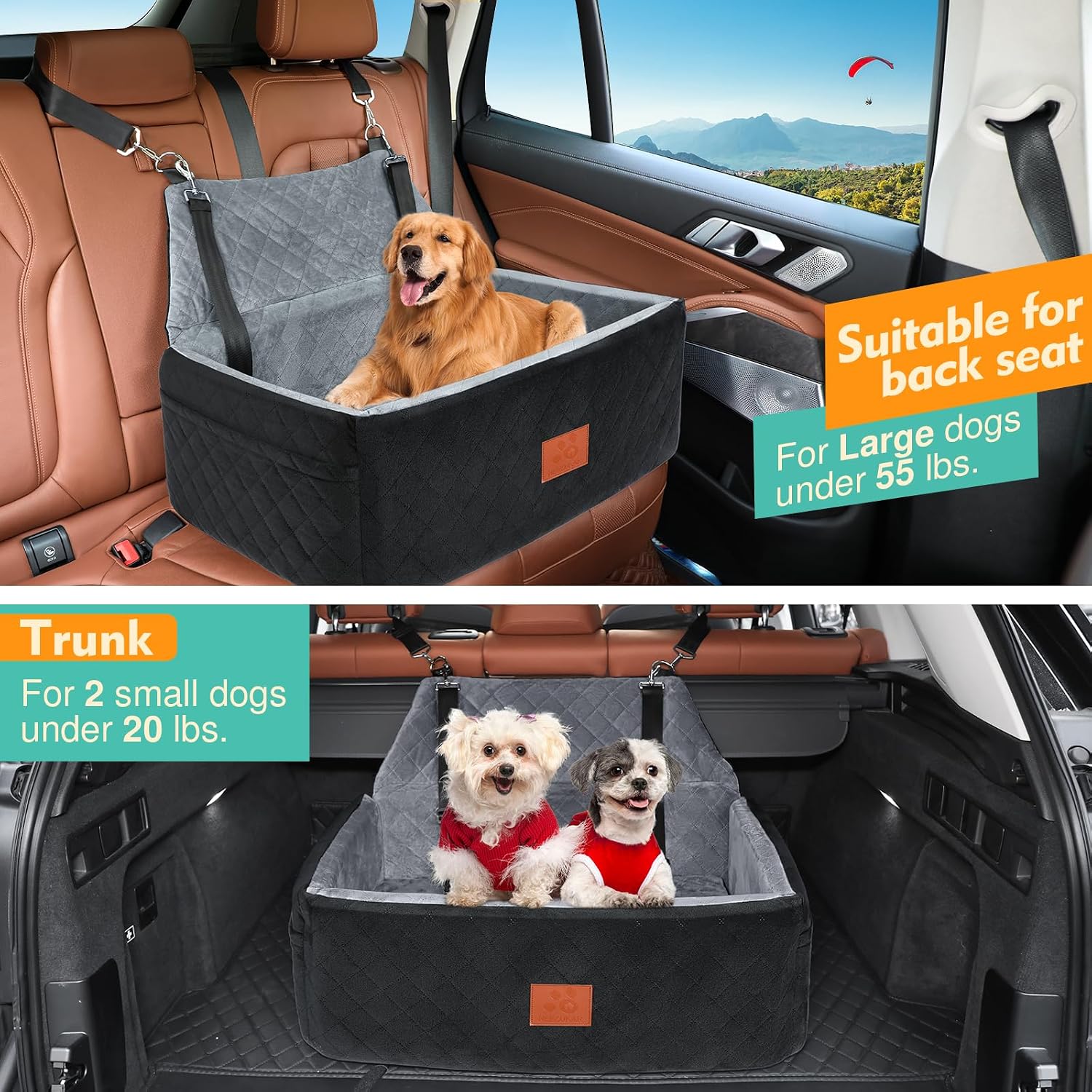 Dog Car Seat for Large Medium Dogs,Washable Pet CarSeat Under 55 lbs or 2 Small Dogs,Dog Booster Seat Travel Bed with Thick Cushion,2 Safety Leashes - Image 4