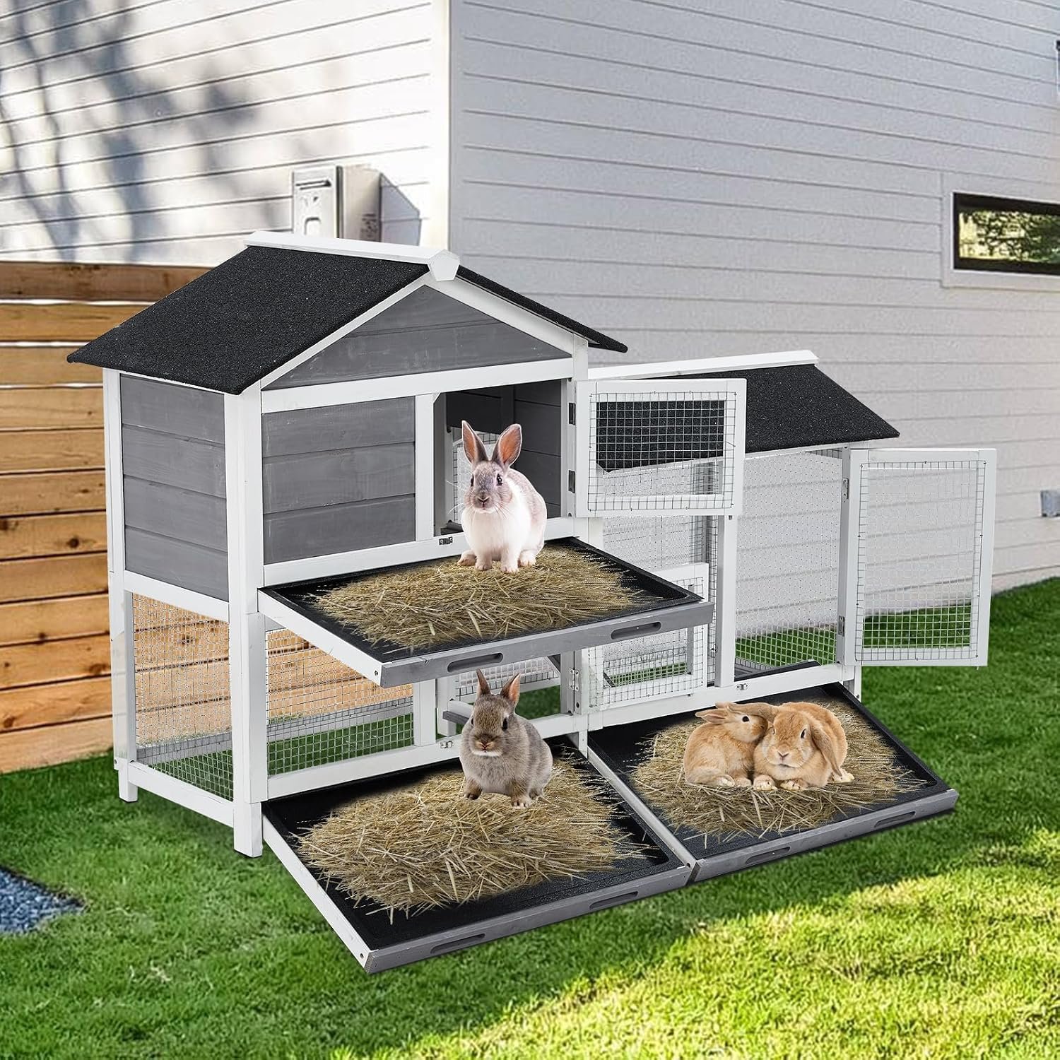 Garvee 58'' Bunny Hutch Indoor Bunny Cage, with 3 Removable Trays | Wooden Waterproof Roof Rabbit Hutch Indoor/Outdoor, 2-Tier Bunny House/Chicken Coop, Gray and Black - Image 7