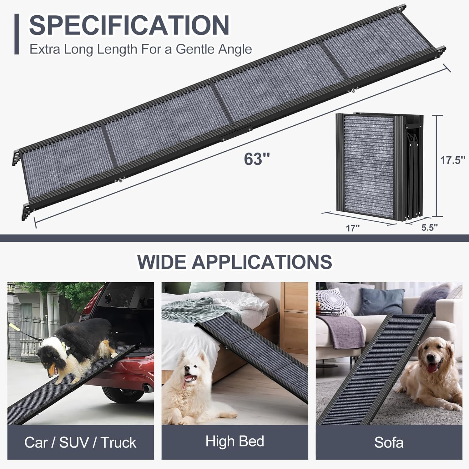 Dog Ramp for Car 63" Long & 17" Wide Portable Dog Ramps for Large Dogs with Non-Slip Rug Surface Dog Car Ramp for SUV Car & Truck, Folding Dog Ramp Up to 250LBS - Image 7