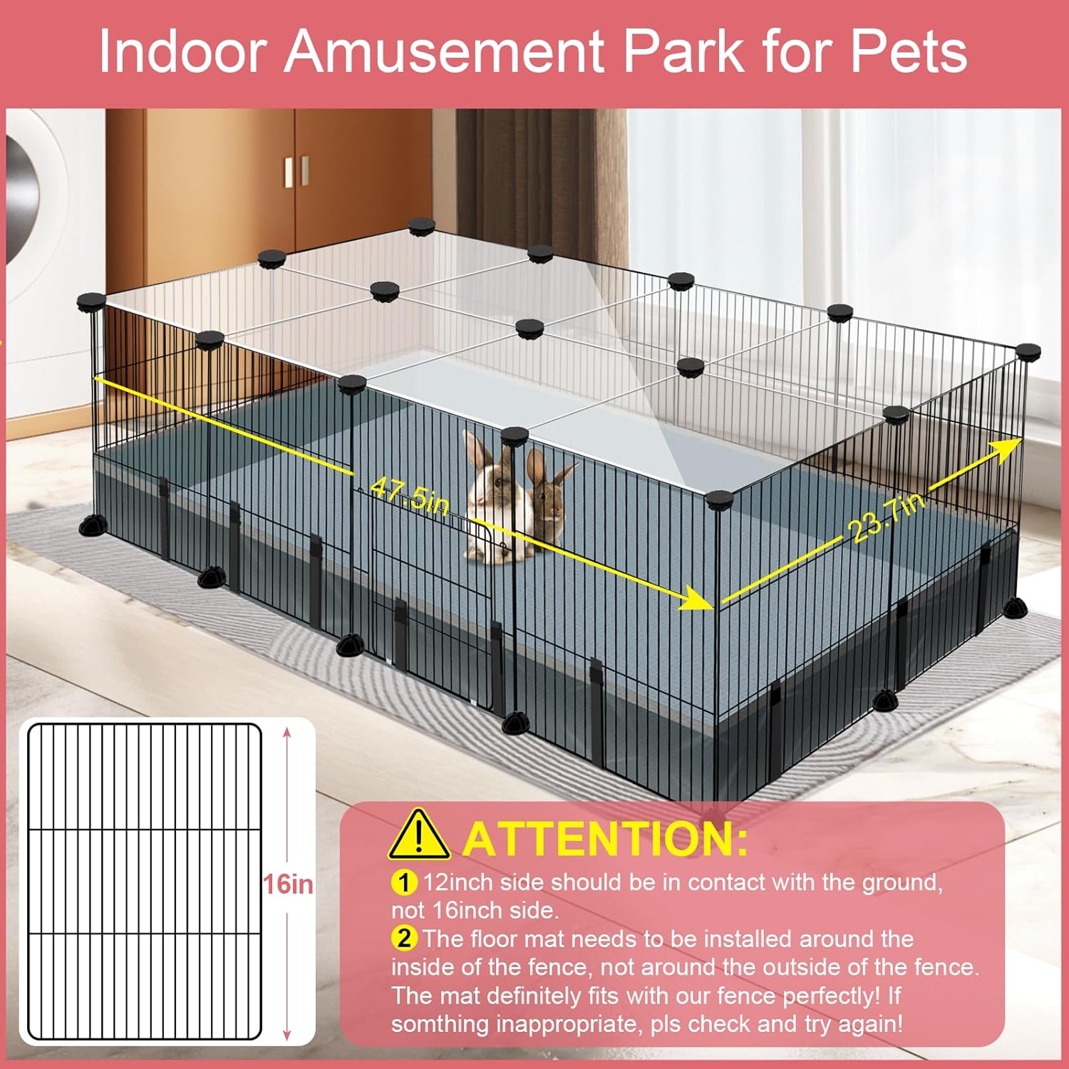 20 Panels Small Animal Playpen, 48" x 24" x 16" Pet Playpen with Waterproof Mat, C&C Cage for Guinea Pigs, Rabbit/Bunny/Baby Chicken Cage,Bunny/Puppy/Chicken Pen Indoor Outdoor Portable Metal Fence - Image 5
