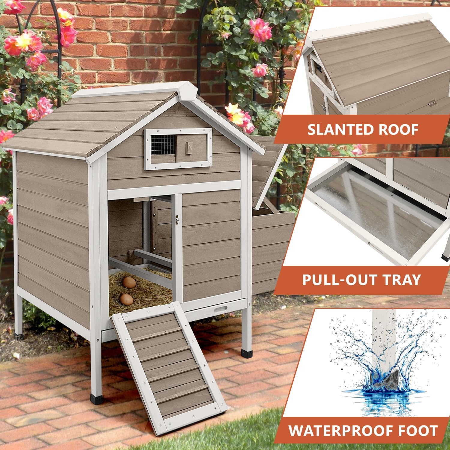 Chicken Coop Chicken House Outdoor with 2 Nesting Box, Wooden Hen Rabbit Pet House Hutch Poultry Cage with Removable Trays, Ramp (32" L x 23.6" W x 36.6" H) - Image 5