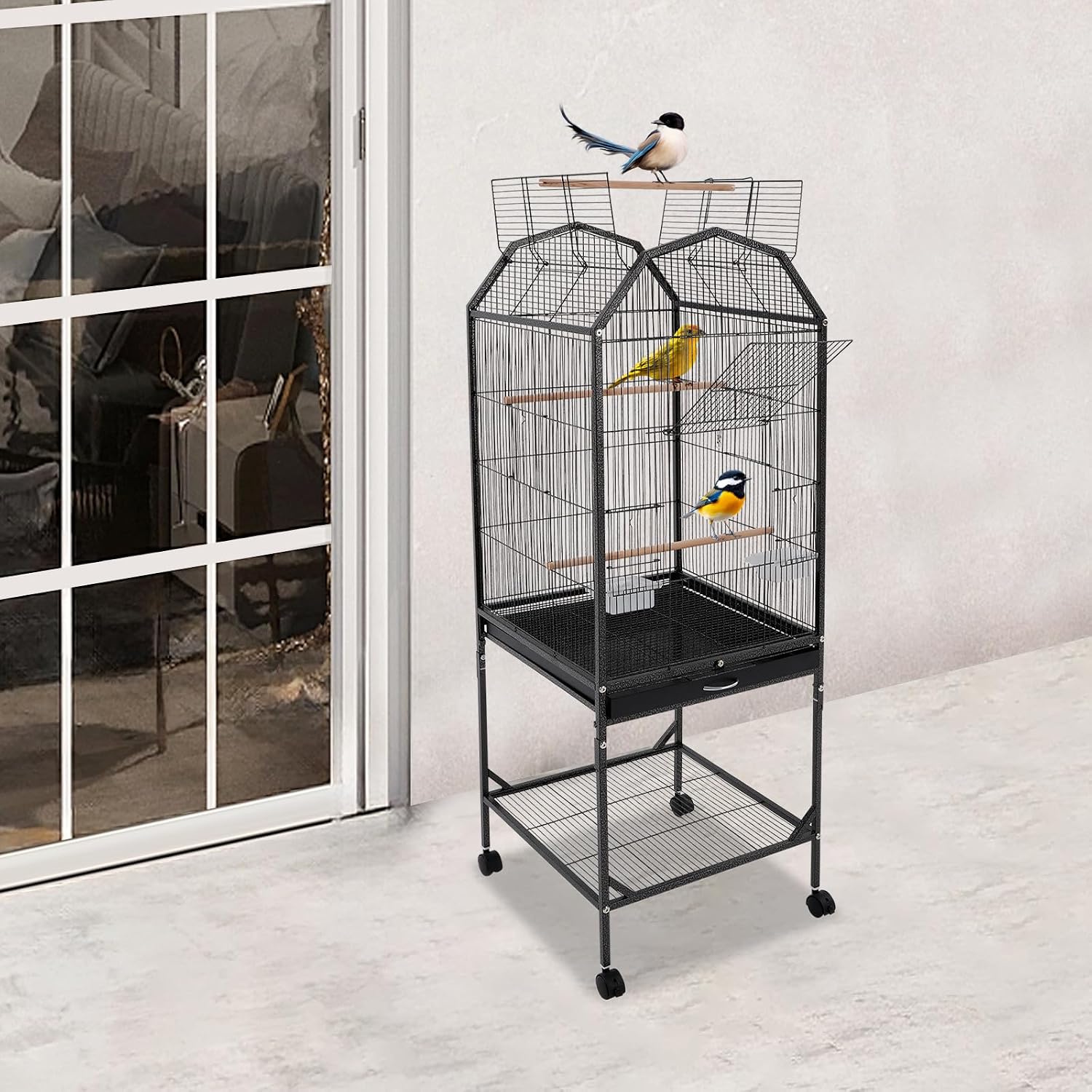 Birdcage Open Top 54 Inch Birdcages with Pull-Out Tray, Rolling Bird Cages with Wheels for Parakeets, Parrot, Cockatiel, Pigeon, Finch Cage(Black) - Image 4