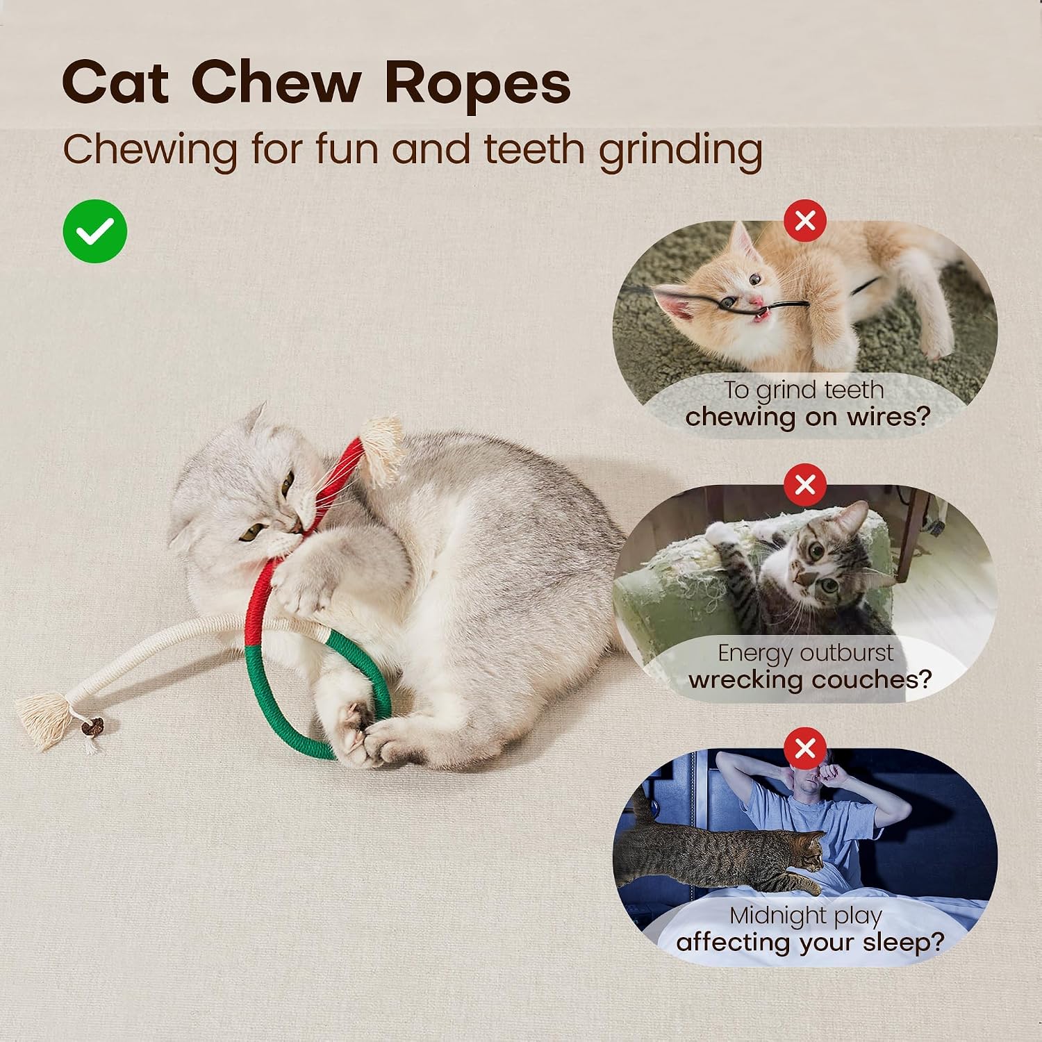 Potaroma Cat Toys Chew Ropes 3Pcs with Refillable Natural Catnip, Safe Teeth Cleaning Toy for Indoor Kittens, Interactive Cat Nip Kitty Toys for All Breeds 19.5 Inches | Safe Teeth Cleaning & Teething for Indoor Kittens, Interactive Cat Nip Kitty Toys for All Breeds 19.5 Inches - Image 2