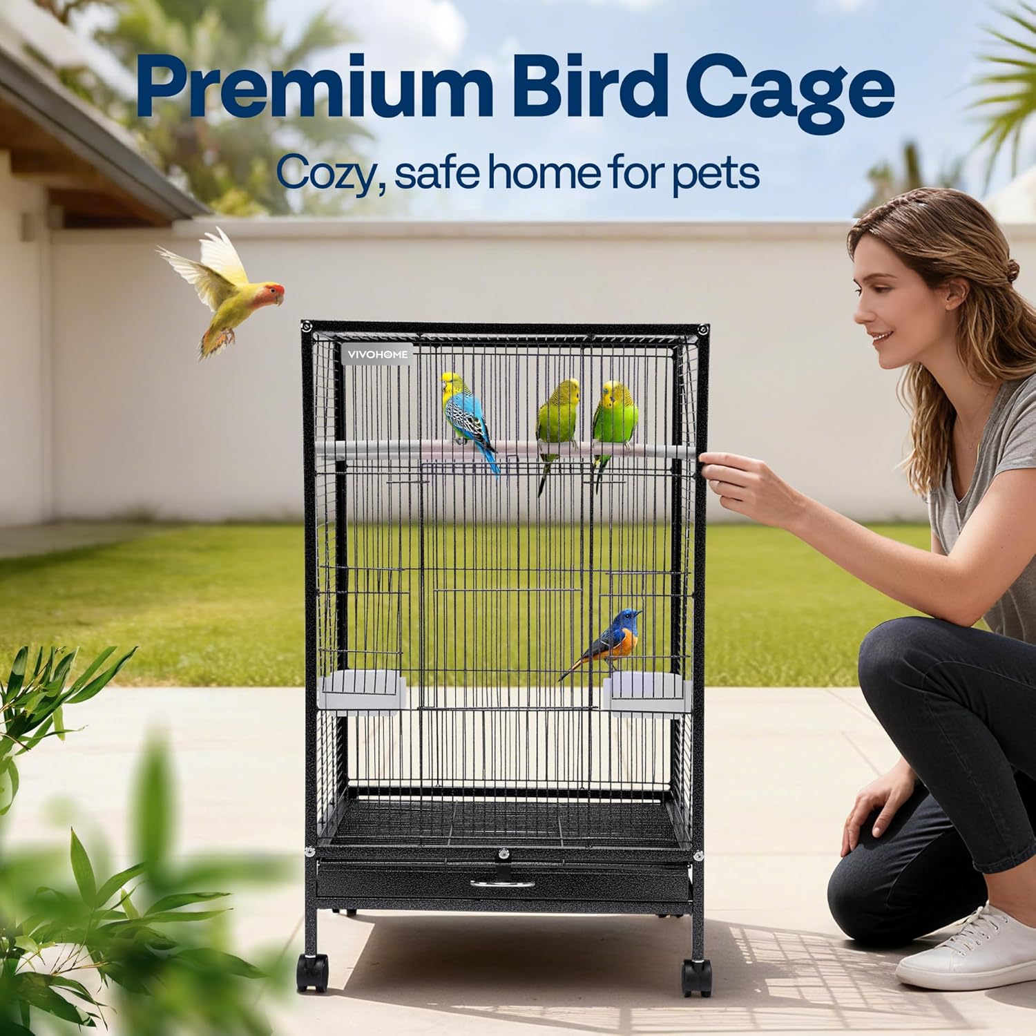 VIVOHOME Wrought Iron Bird Cage with Rolling Stand, 30 Inch Height | Standing Bird Flight Cage with Casters, Slide-out Tray for Parakeets Cockatiels Lovebirds Canaries Finches Conures, Black - Image 2