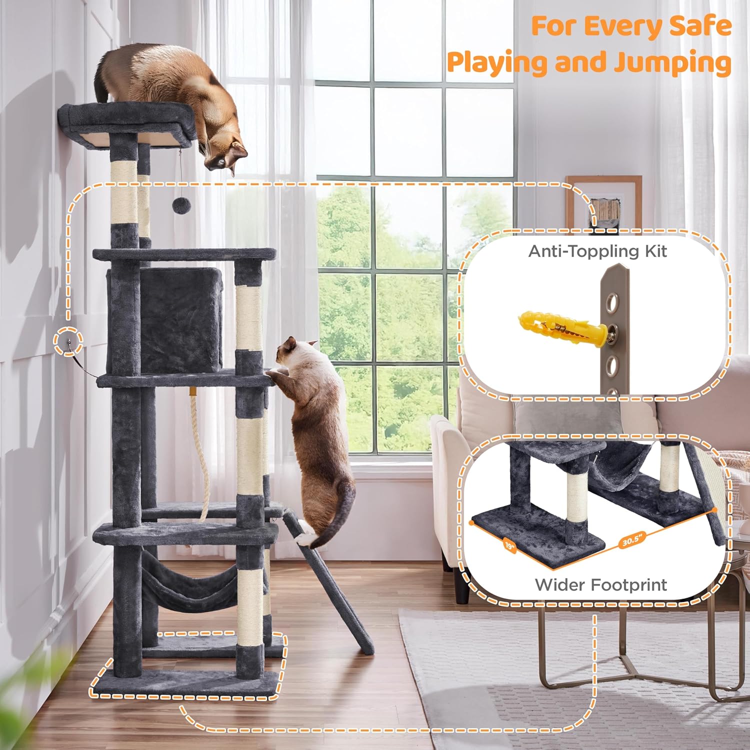 Yaheetech 63in Large Cat Tree for Heavy Cats up to 22lbs, Anti-Wobble Tower with Condo & Hammock, Space-Saving for Indoor Multi-Pet Households, Stops Furniture Scratching - Image 8