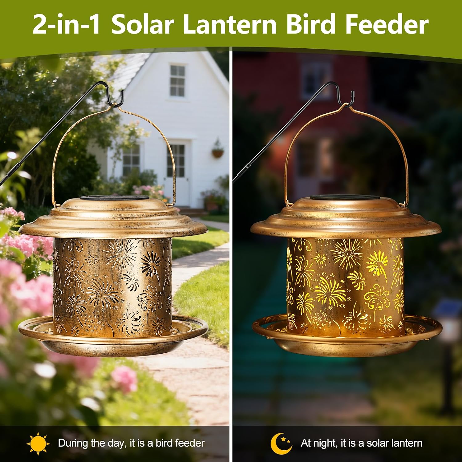 Solar Bird Feeders for Outdoors, Weatherproof Metal Bird Feeder, Outside Hanging Birdfeeder Lantern with Flowers Pattern for Courtyard Garden Decoration - Image 5