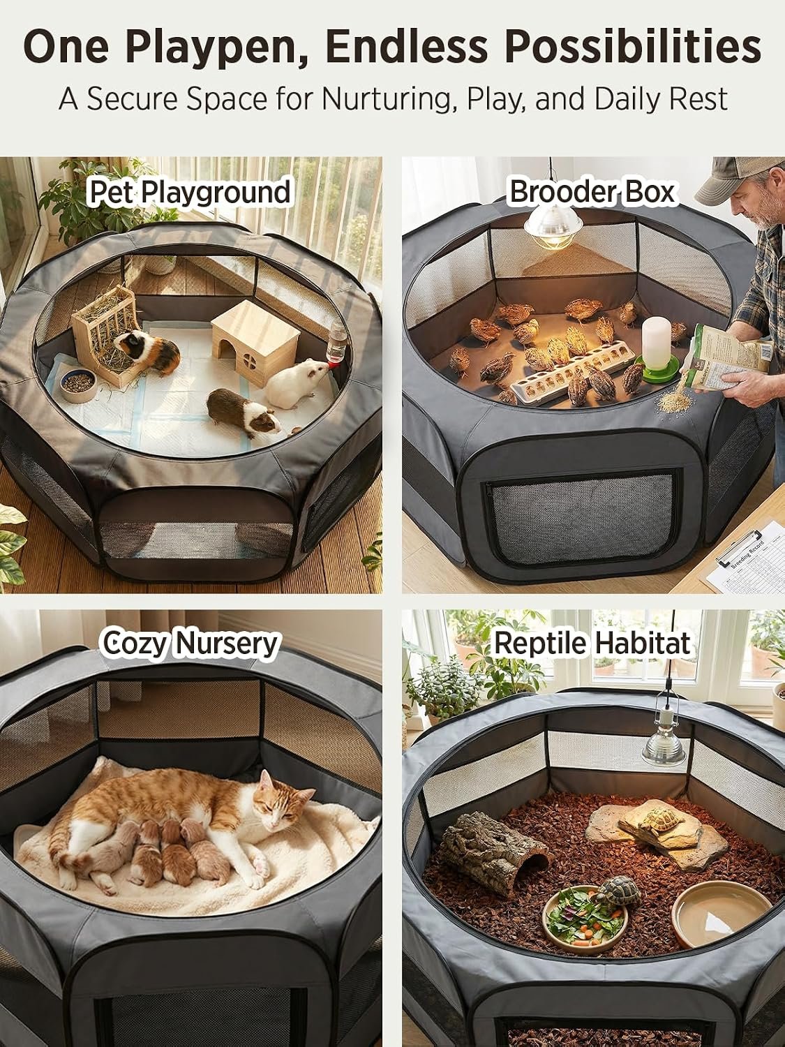 UWE Extra Large Small Animal Playpen, Waterproof Foldable Pet Pen,Dark Grey | Claw-Resistant Mesh With Thickened Waterproof Base, Side & Top Dual Doors, Easy To Fold Design For Indoor And Outdoor Use - Image 7