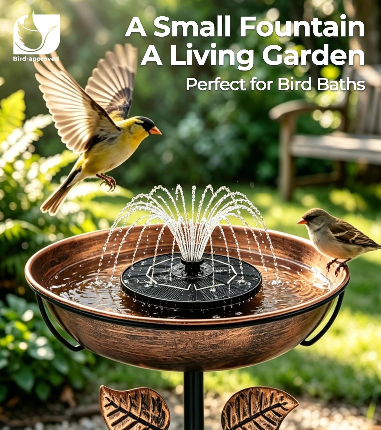 6.3" Solar Bird Bath Fountain with Color LED Lights | 9V/2W Solar Fountain Pump, 800mAh Battery Backup, 4 Fixed Rods 5 Spray Patterns for Birdbath Pond Patio Flowing Water Feature - Image 2