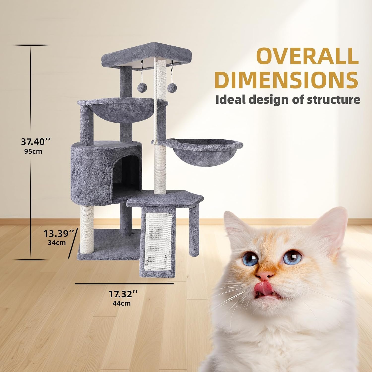 Three Layer Cat Tree with Cat Condo Scratch Pad and Two Hammocks,Grey | 3-Tier Cat Tree,Natural Sisal,Replaceable Hanging Balls,Sturdy Cat Furniture for Kitten&Adult Cat - Image 3