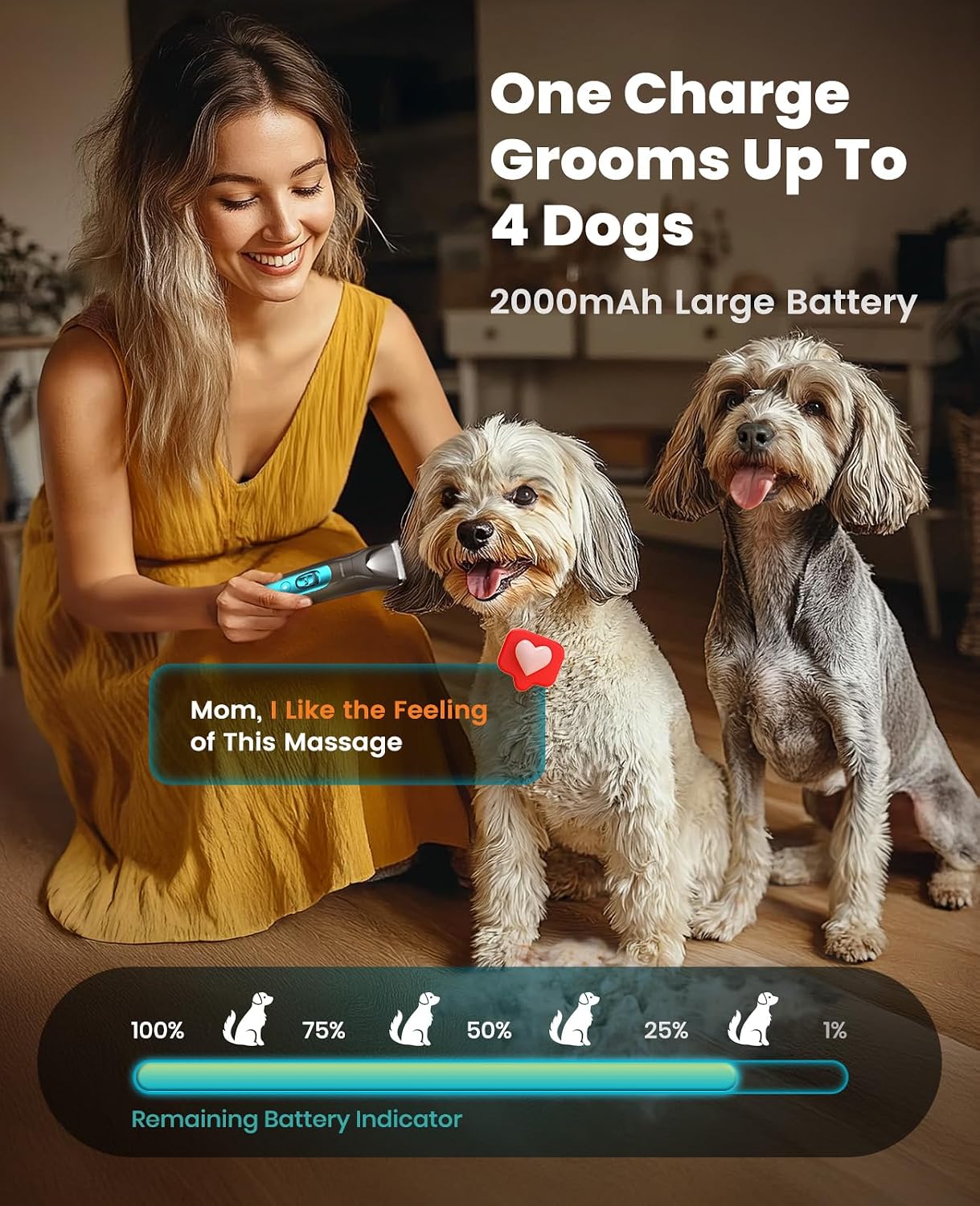 oneisall Professional 4-in-1 Dog Grooming Kit with LED Light | Quiet Clippers & Nail Grinder, Cordless, 3.7 hrs Runtime, LED Display, Safe for Paws, Face, Ears & Body - Image 6